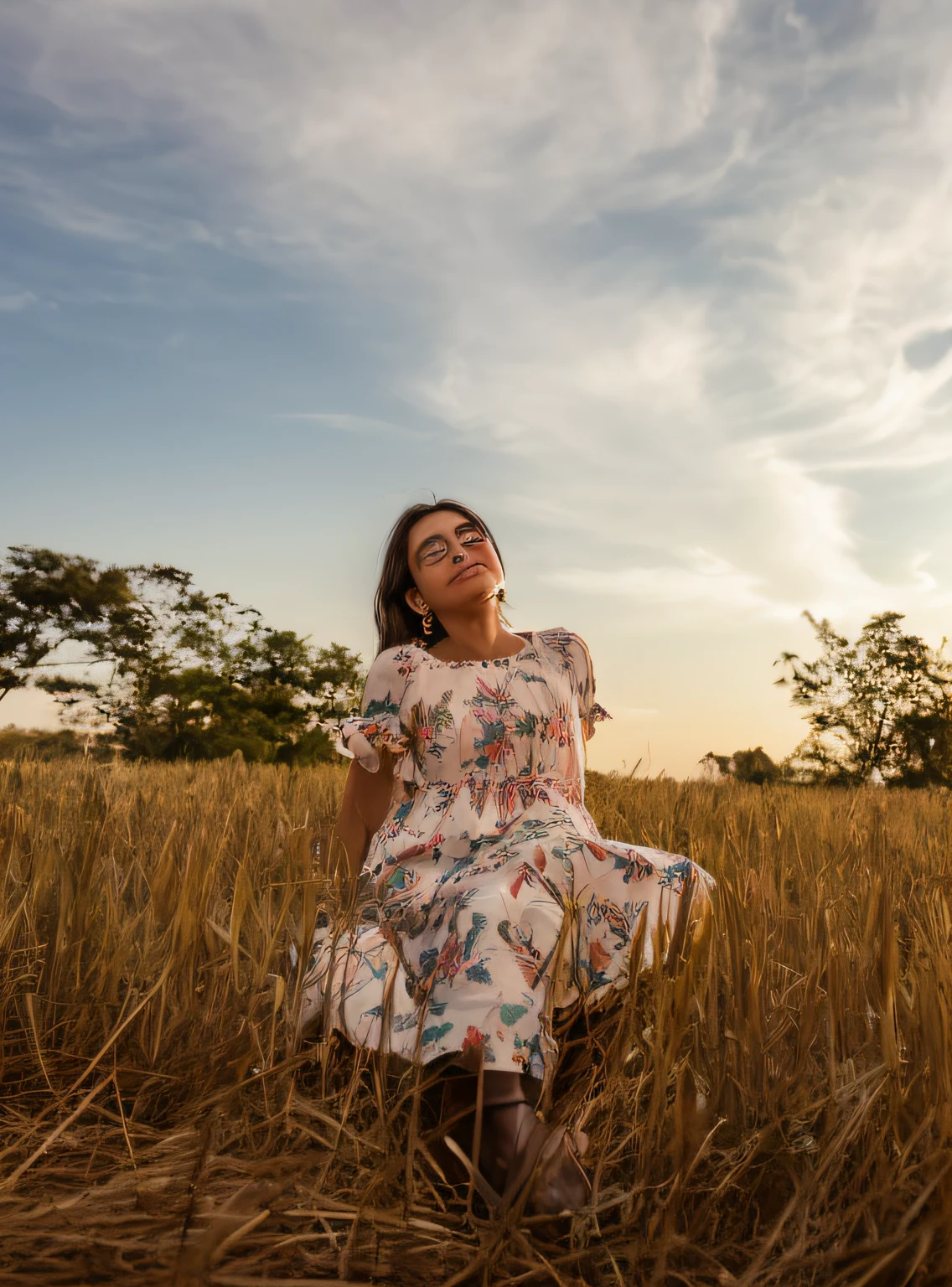 Araffe sitting on a field of tall grass with a sky background, em um campo, em um campo de trigo, posando no campo de trigo, no meio de um campo, in the sunset, Durante a Hora Dourada, Standing in a field, na hora dourada, in the sunset, Standing on the grass at sunset, em um prado, em um campo de grama