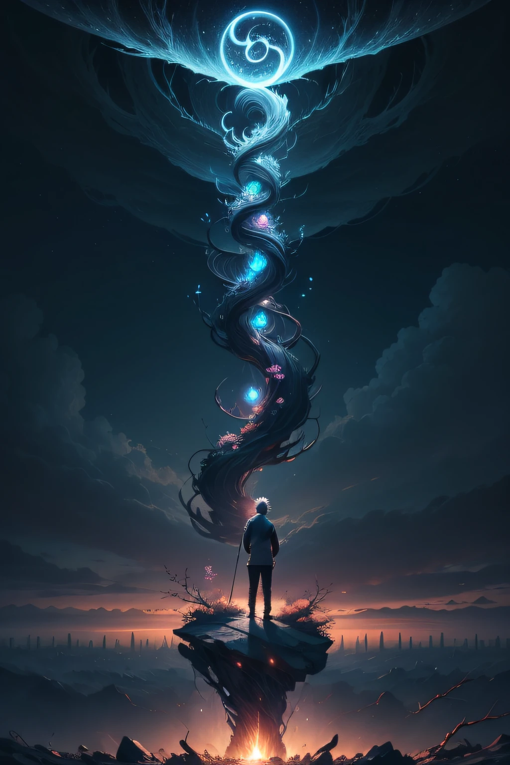 Anime boy standing on a rock looking, chaotic and harmonic elements to represent the duality between chaos and harmony, The dark background evokes the darkness of chaos, enquanto elementos como chamas ardentes, cracks and thorns symbolize disorder and turbulence, No entanto, surgem elementos de harmonia, like trees, flowers and birds, that represent the beauty and balance found even in the most chaotic situations, subtle details and an unfolding spiral symbol represent the journey from disorder to harmony4K, Anime Art Wallpaper 4K