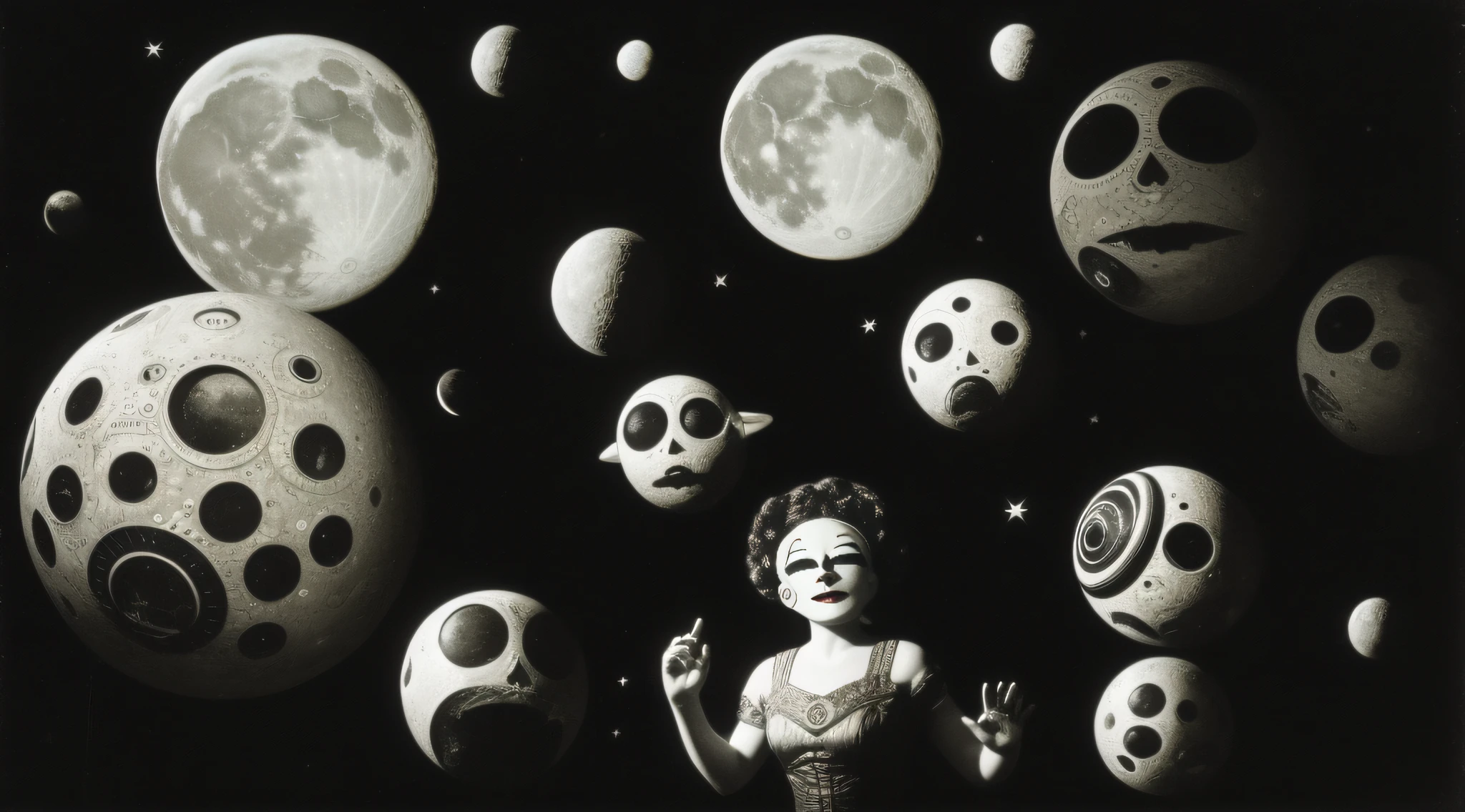 Black and white film, anthropomorphic Moon with face painted on it, floating in space , in the style of b-movie aesthetics, By Georges Méliès , 1900-1917 camera tossing, surrealist collage, spacepunk, emphasis on facial expressions, vintage film