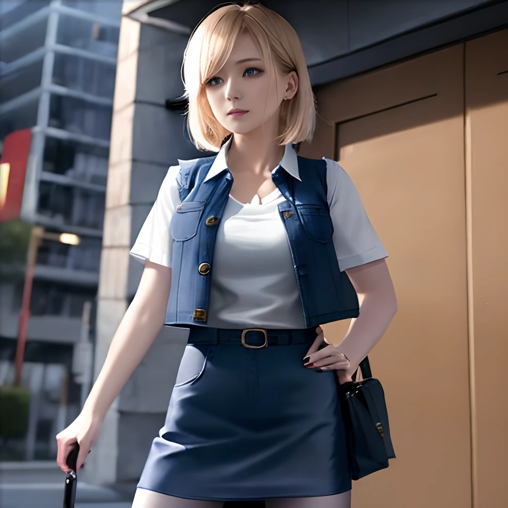 Screenshots of PlayStation 5, 1. Super Detail Woman、Android 18、独奏、blonde hair、((Blue eyes))、short-hair、耳Nipple Ring、jewely、Denim Vest、open vest、Black pantyhose、White shirt、Denim skirt、 Short sleeves with black stripes,,,,,, a blue skirt, middlebreasts, Cowboy Shots, Street,(((Woman in blue clothes holding lightning)))、spot light、 Dynamic 8K、Ulutra HD、Sharp lines、top-quality、hight resolution、