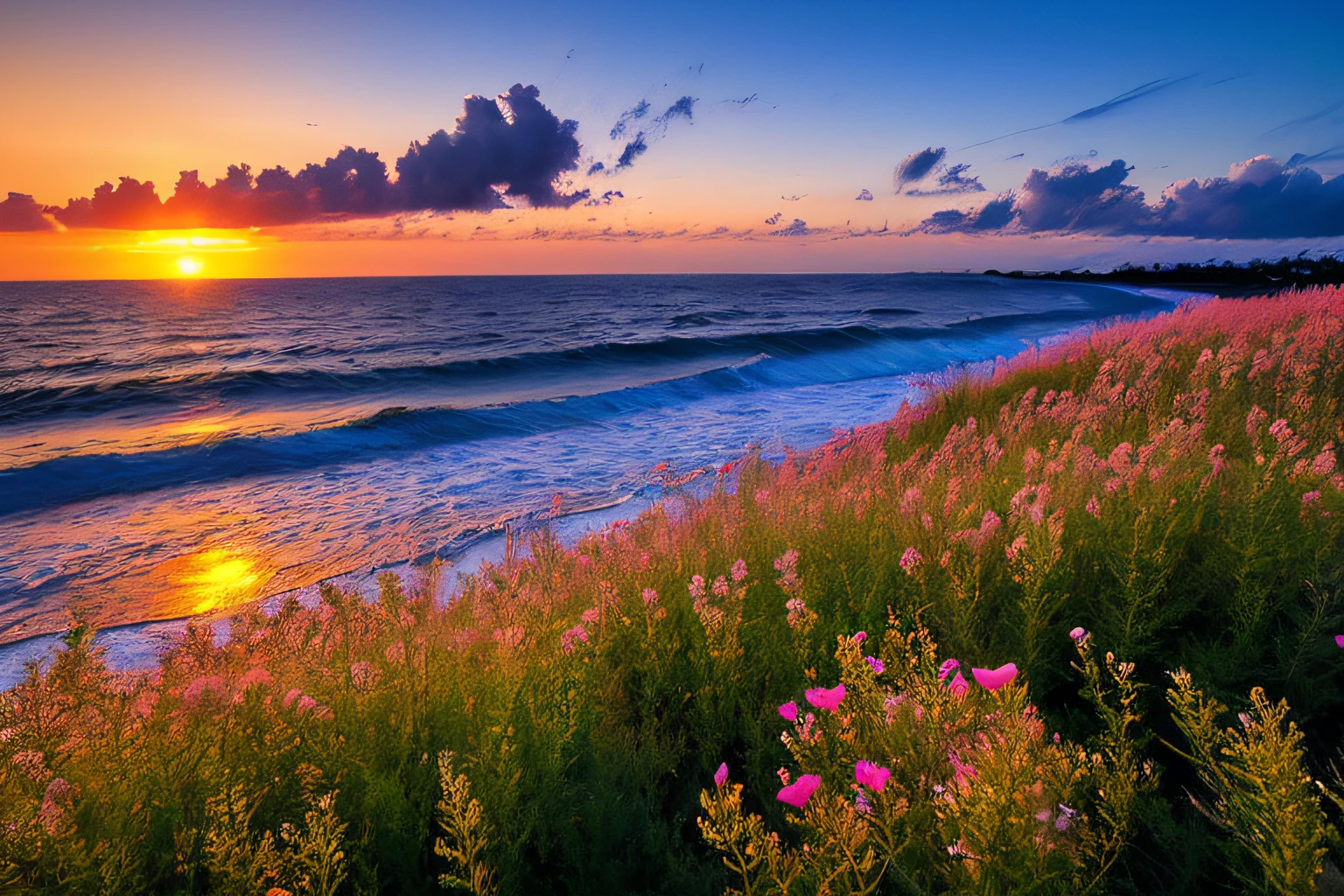 Ocean waves, coucher du soleil, buisson, ciel rose, fleurs,
