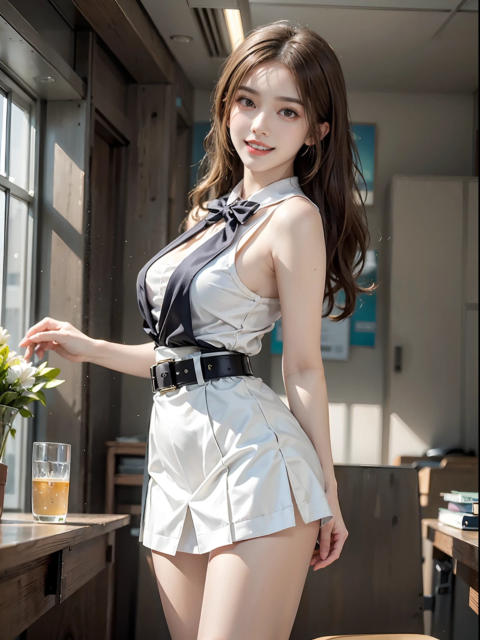 ((full body)), ((from side)), ((realistic)), 1girll, posed for photo, inside in room, desks, Stand up, Pleasing posture, amazing pose, pretty legs, looking at viewert, Detailed scenes, curlies, Air bangs, Beautiful hair accessories, Brownish-yellow hair, light make-up, Blushlush, Gloss on lips, ((Black suit, neck bowtie, Short white skirt with high waist, Shiny belt)), (Campus style), warm lights, a warm color palette, Detailed details, ultra-detailliert, (tmasterpiece, best qualtiy), (An extremely delicate and beautiful work), Delicate earrings, Delicate necklace, Simple blurred background, Extreme detail description, Ultra-fine painting, Delicate face, slim toned body, (grin, happy grin, Baring teeth), (anatomy correct)