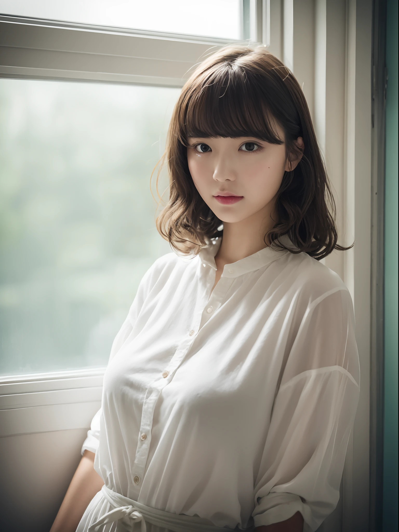 top-quality、masterpiece、hight resolution、1girl in、独奏、Raw photo、Real person、Detailed skin、japanes、brawn hair、thin bunches of bangs、Medium hair、curly hair、Floating hair、fullllbody,cropped shirt、White Room、by the window、catchlight