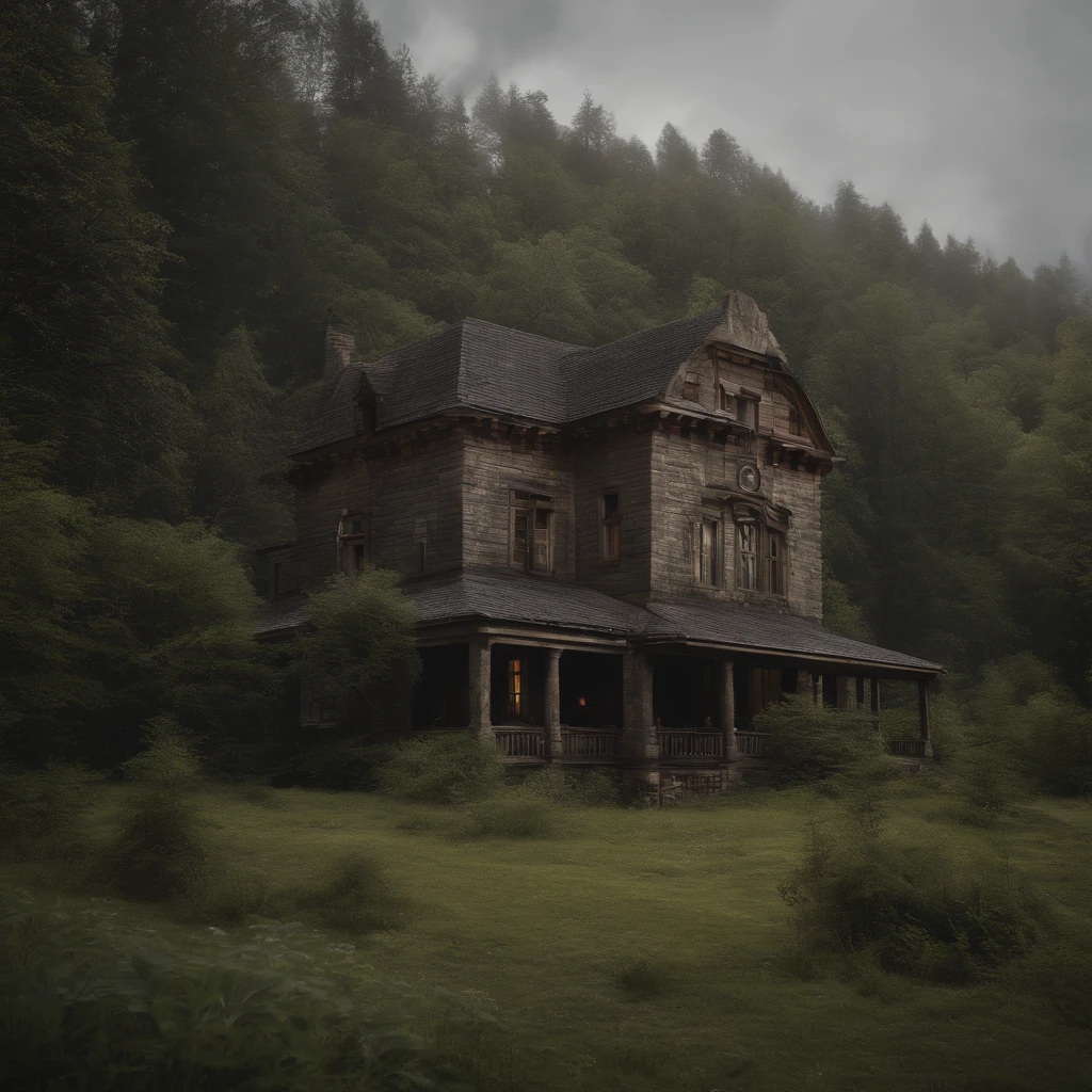 Cyberpunk, broken, there is a dense primeval forest with a lot of vintage house building pictures, cyberpunk, broken, there are a lot of stones, green lush forest background, thick tree background, large meadow, arena background, game background, exaggerated forest background, cartoon style