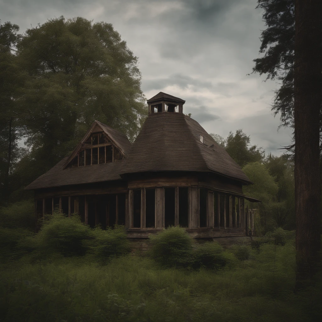 Cyberpunk, broken, there is a dense primeval forest with a lot of vintage house building pictures, cyberpunk, broken, there are a lot of stones, green lush forest background, thick tree background, large meadow, arena background, game background, exaggerated forest background, cartoon style