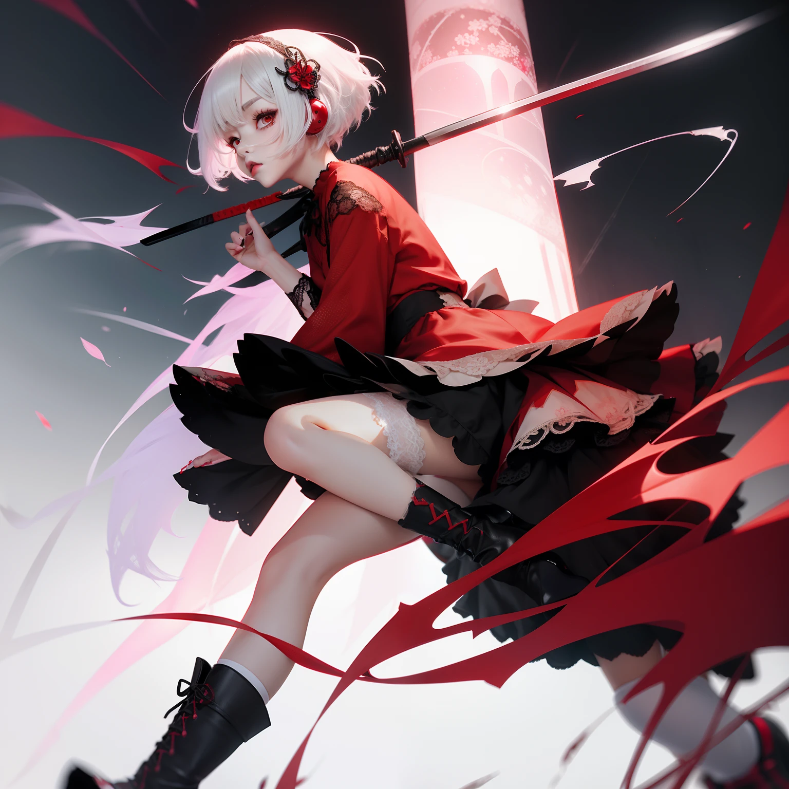 short-hair、Japanese Gothic Lolita、hotpants、Perforated Lace Knee Socks、head phone、Hold the sword、White hair red mesh、Black boots、Floral hair ornament