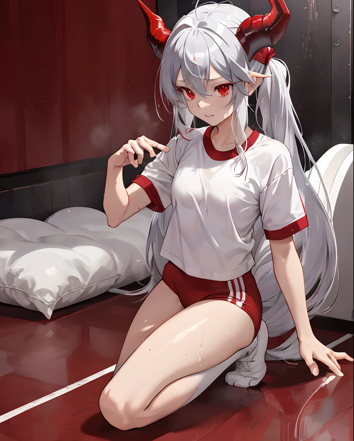 gym storeroom，1girll，tmasterpiece，The best quality，Very delicate long white hair，red pupils，squatting on the ground，Wearing a white gymnastics suit and red super shorts