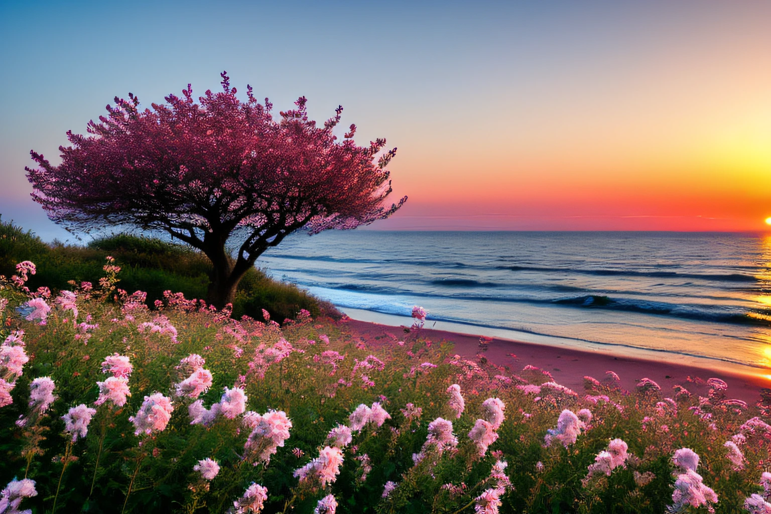 Ocean waves, coucher du soleil, buisson, ciel rose, fleurs,