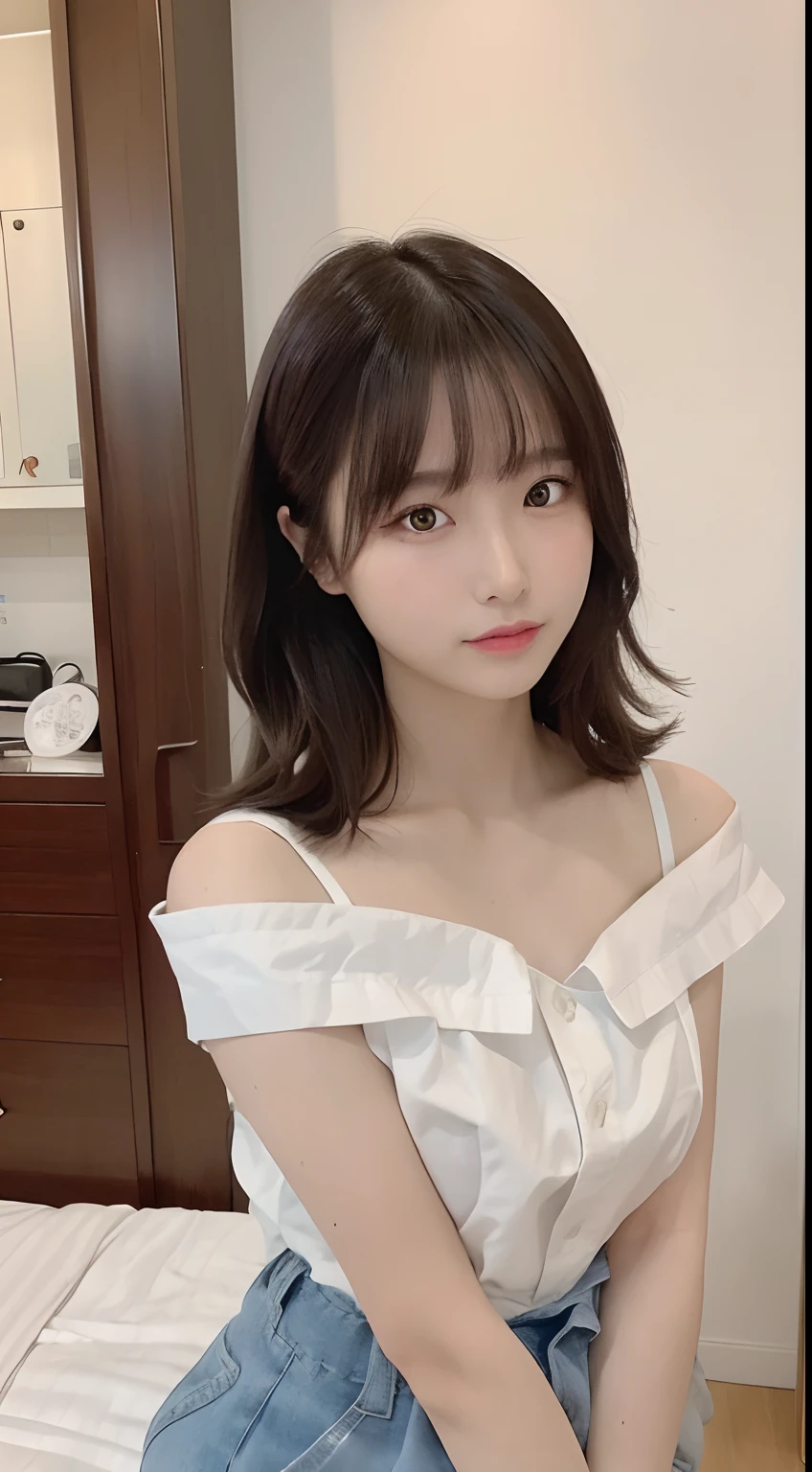qulity, A hyper-realistic, (realisitic:1.3)、top-quality、超A high resolution、SLR、Instagram、Very delicate、Look at viewers、Japan 1 woman(A dark-haired、shorth hair、Black eye、、E-cup、Chest of drawers 90cm、waist: 74 cm、Hip 89 cm、adolable、Light smile)、free pose、Off-the-shoulder clothing、Photos of the city