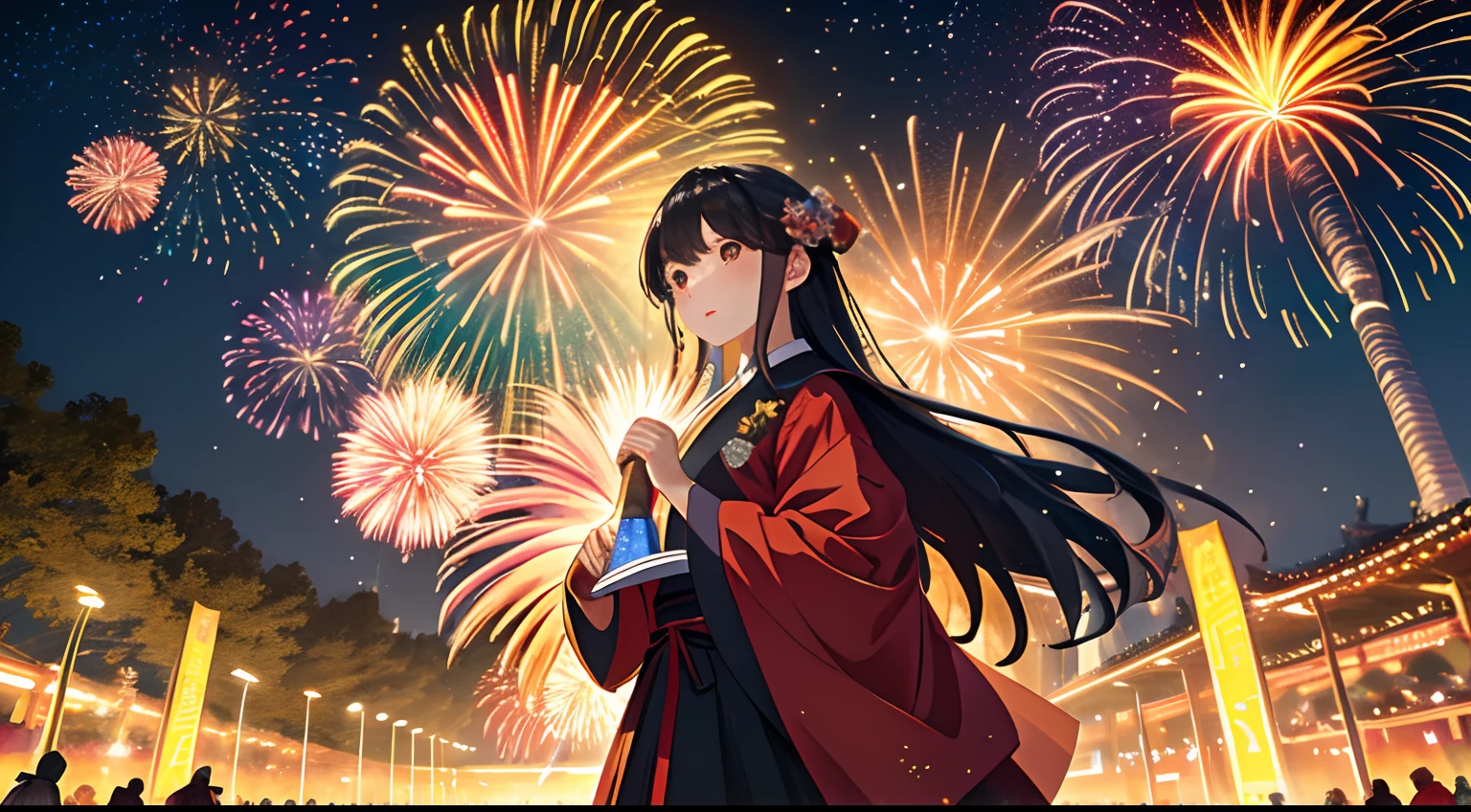 tmasterpiece,ultra-realistic picture,Ultra high quality,As night fell,Twinkling stars and long golden dragons soar into the sky, Spectacular fireworks display. The fireworks are huge,Colorful fireworks bloom ,Blooming flowers compete for beauty, Dazzling ,Emotional sustenance for good times, Brief fireworks linger,超高分辨率