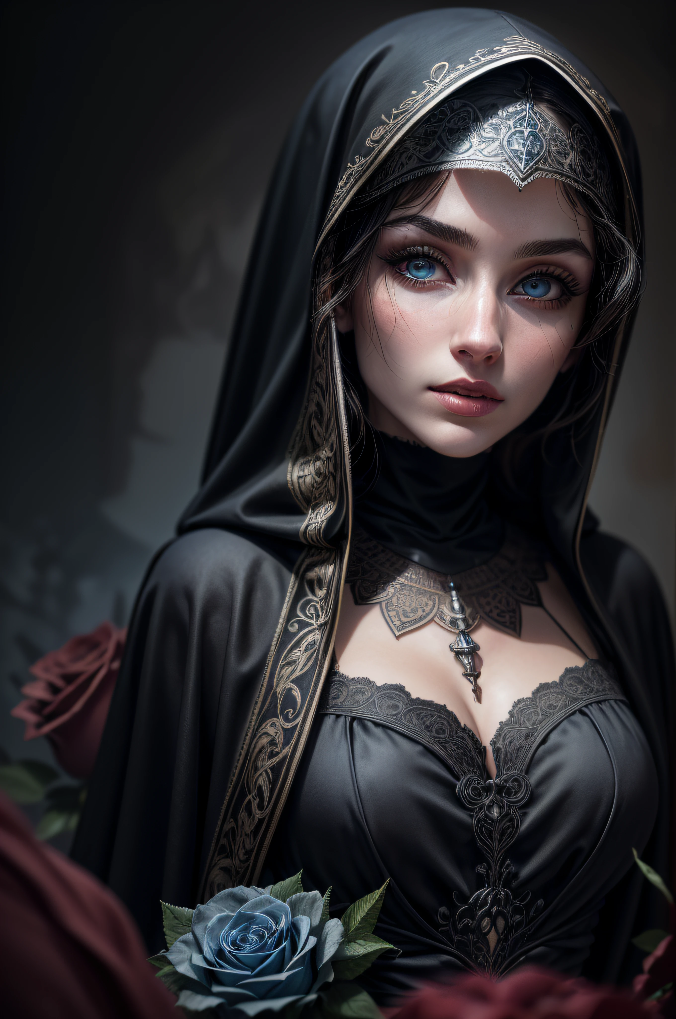 (masterpiece,best quality,realistic:1.37), (intricate and delicate, high detailed skin and face), beautiful queen in black dress suite, wraping in luxurious dark hooded robes, dark roses and skull adorn her cloth, (tiara,roses,skull ornamental,black,dark),blue eyes, dark background, cinematic soft lighting