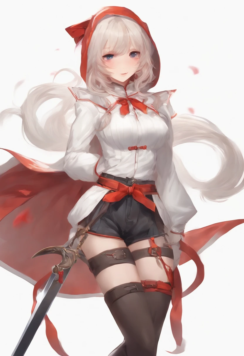 Very beautiful illustrations, very cute,
Short girl, beautiful face and eyes in high resolution, big red eyes with a gradient from blue, almond eyes, gaze, a metal arrow hair clip with a red stone above the left ear, pale pink hair, Denim shorts, long side short bob hair and fluffy hair flowing, white strings flowing down the back, androgynous, fairly short stature, thigh-high socks with thick white and orange stripes, dynamic Camera, a very long white hoodie with a red triangle pattern on the back of the neck ribbon. Long white bow-knotted cloth, thick thighs, fairly flat upper body, no breasts, slender body, mischievous smile, Japanese anime art, red eyes, trimmed bangs, hair slightly scattered on the back and outside, solo, dynamic, Angle, a red belt, red gauntlets, a costume that shows the belly button, and a cane. An oddly shaped piece of metal with three rings hanging from each side. (Can use wind magic)