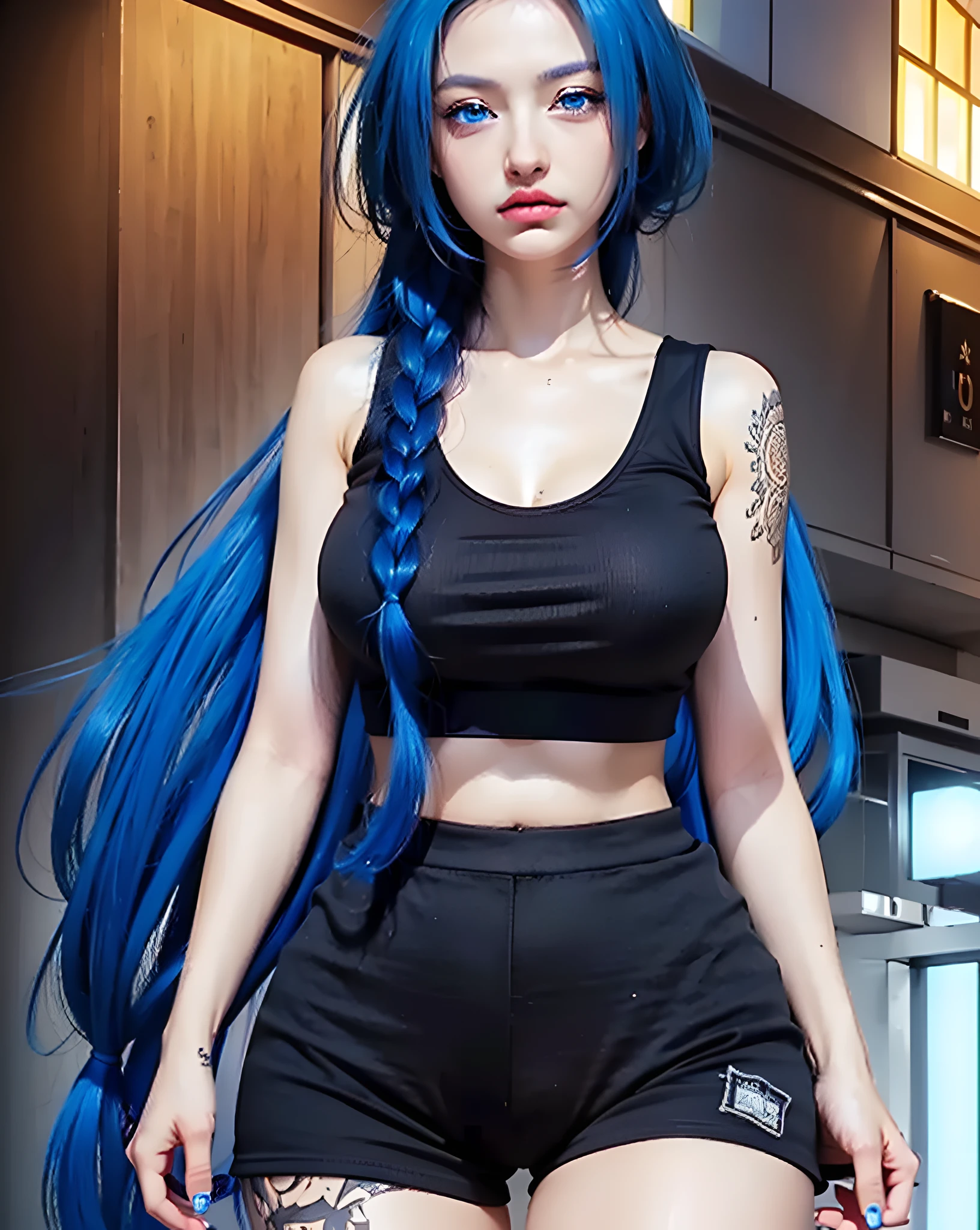 (photorealistic:1.4), best quality, masterpiece, ultra high res, 1girl, (detailed face:1.2), (detailed eyes:1.2), (detailed hair:1.2), (detailed clothes:1.2), 4k, (detailed color:1.2), perfect finger, (blue hair:1.2, (light blue eyes:1.2), annoyed face,