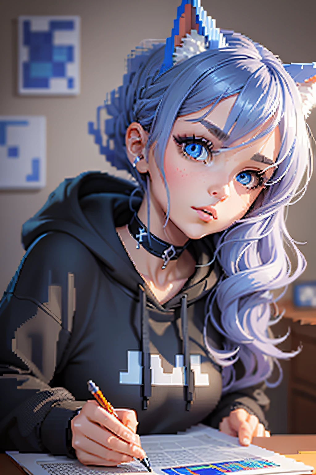 ((Le style du Pixel art)), Pix, Pixel art 4 bits, 1 Fille fermer, visage seulement, cheveux beiges, poils bleus, yeux bleus, collier choker,loose hoodie,black hoodie， Pixel Art officiel, absurd res, Voir la visionneuse, SoloFocus, Angle dynamique, head tilt, , Pixel art ultra-fin