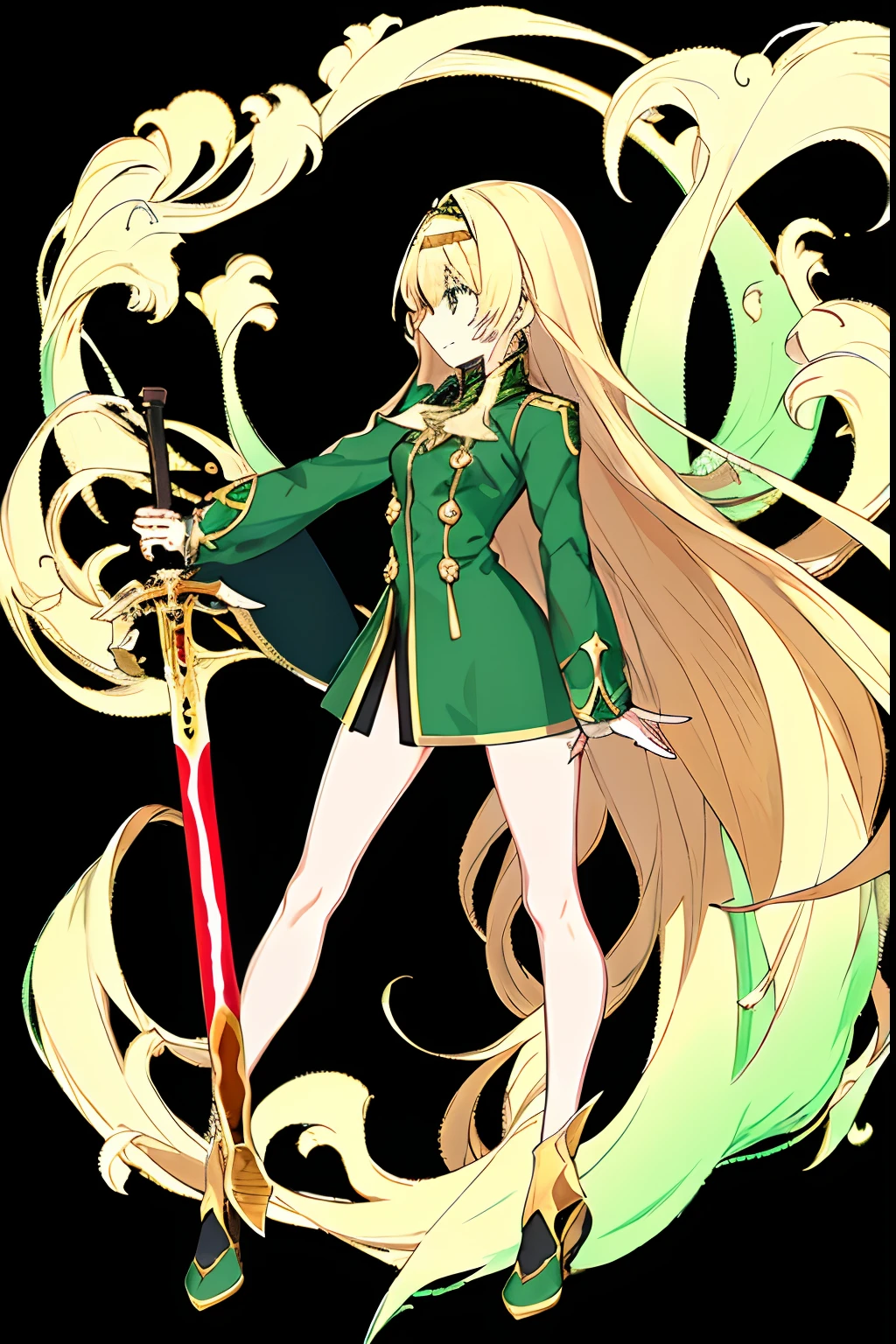 solo, solo focus, 1girl, blonde, long hair, student, green uniform, hand holding sword, FULLBODY
ufotable screen cap, fgo sprite, full body, standing, black background, simple background, looking afar,