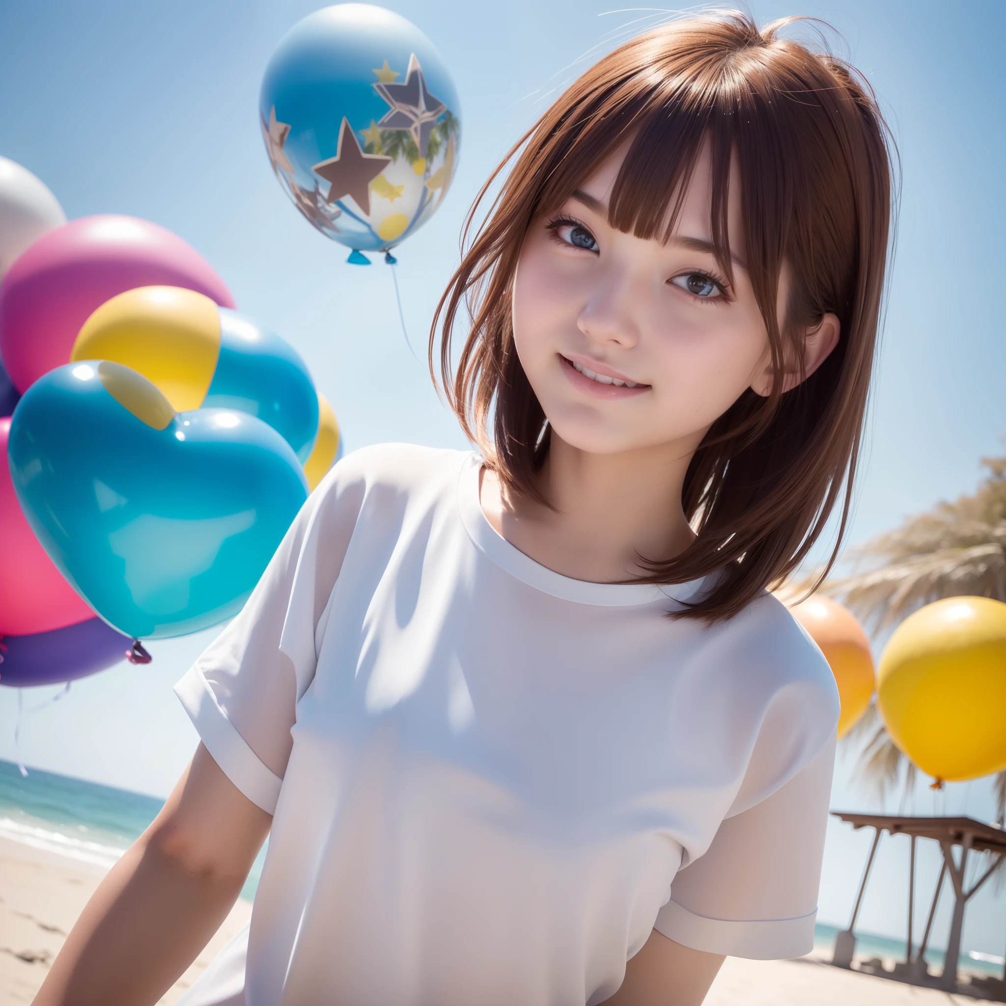 masutepiece, Super Detail, High quality, awardwinning, 8K, Textured skin, (lots of balloons behind, various colors), girl, Solo, Brown hair, Medium Hair, Bangs, Smile, Closed mouth, White T-shirt, in a beach, Blue Sky Background, reflective light, Film grain