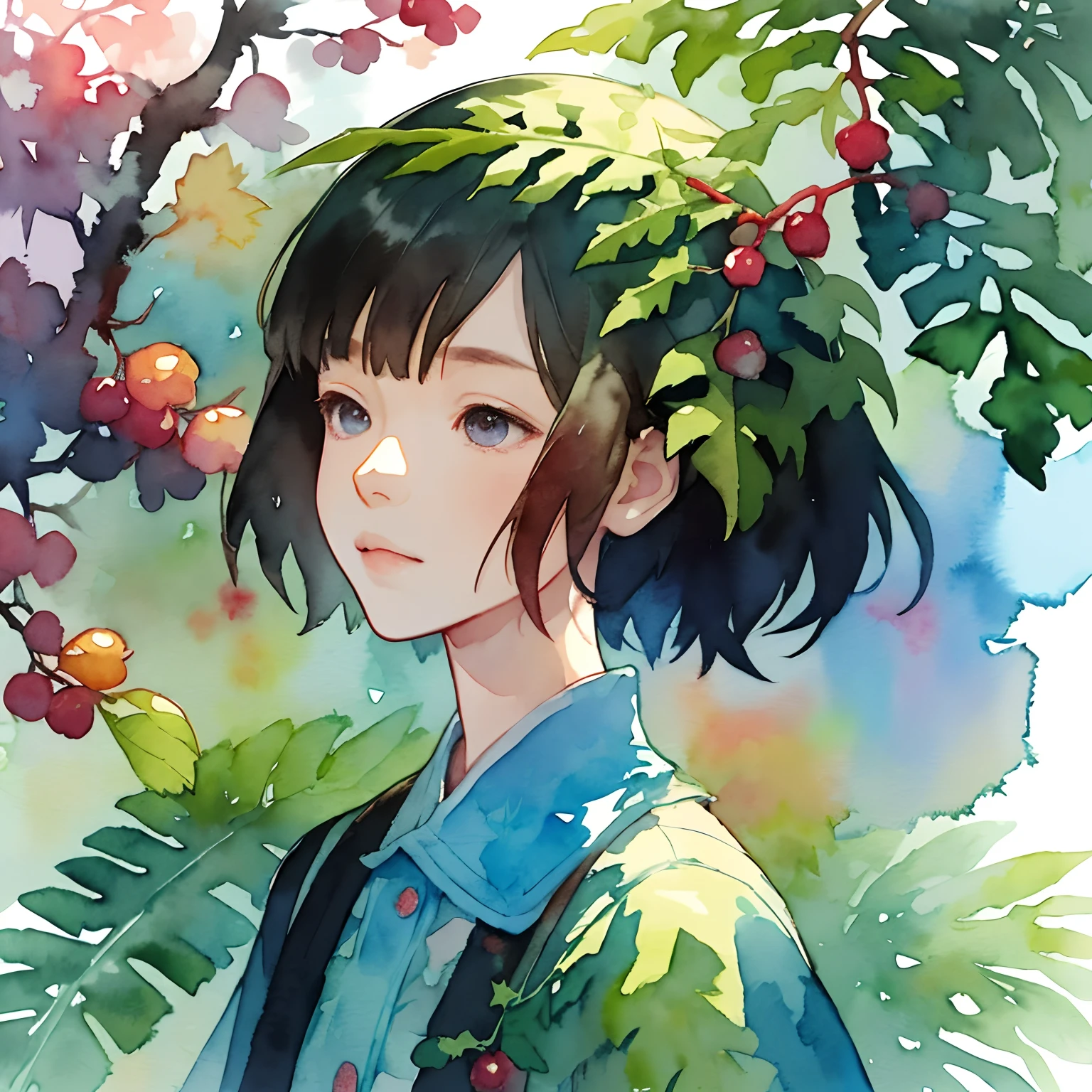 ((super detailed), #3b4195背景, beautiful flowers, berries, ferns, leaves, watercolor pattern of calming colors), (watercolor texture), ((1 girl), short hair, cute,