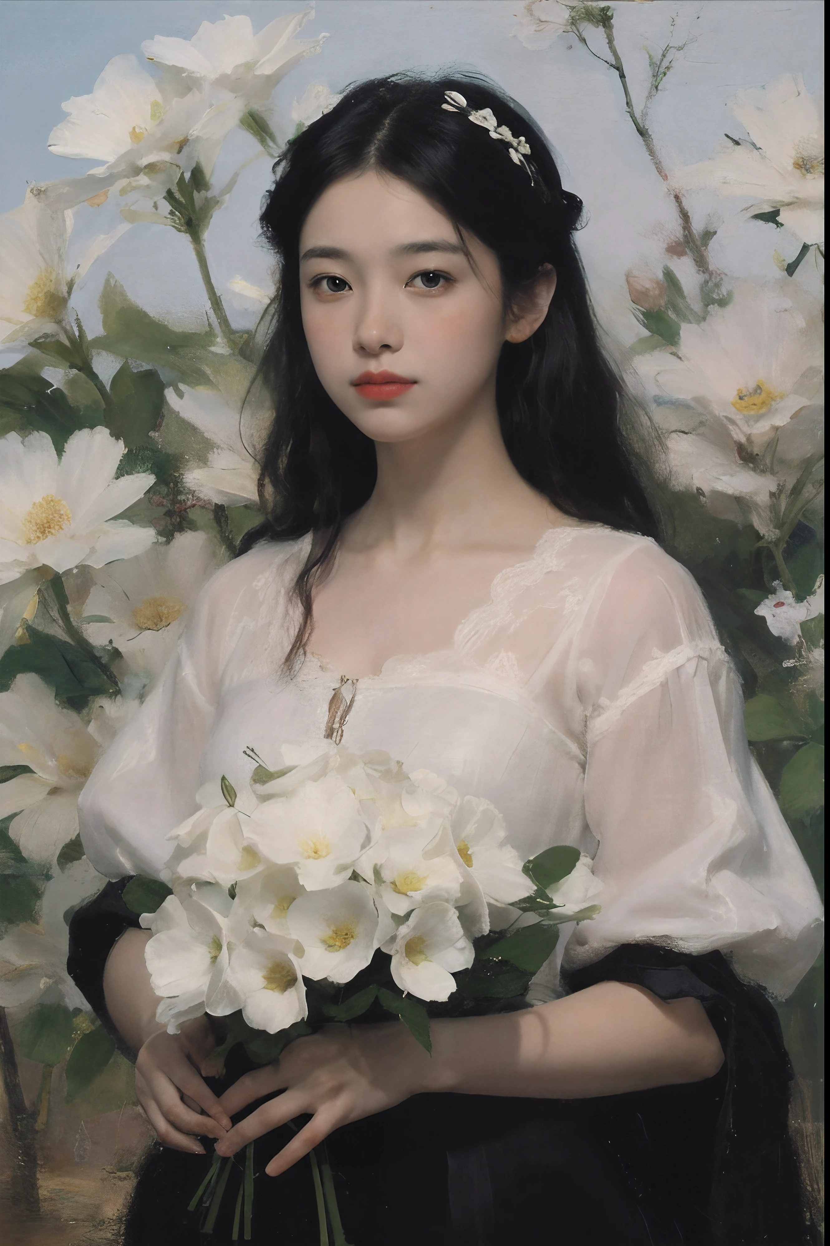 (Oil painting: 1.5),

\\

A woman with long black hair and white flowers in her hair lies in a field of white flowers, (Amy Saul: 0.248), (Stanley Ateg Liu: 0.106), (a detailed painting: 0.353), (Gothic art: 0.106)
