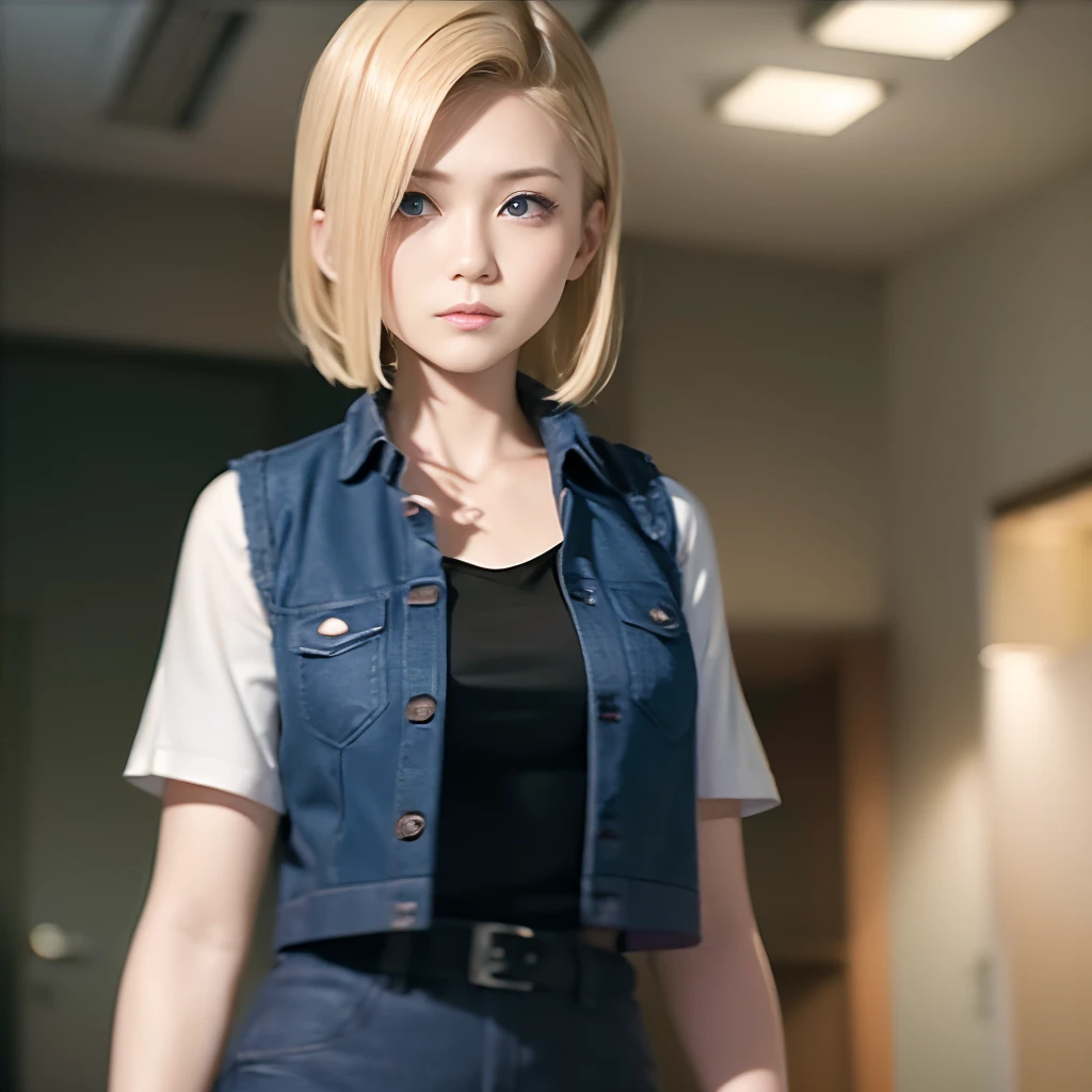 Screenshots of PlayStation 5, One lady、Android 18、独奏、blonde  hair、((Blue eyes))、short-hair、耳Nipple Ring、jewely、Denim Vest、open vest、Black pantyhose、White shirt、Denim skirt、 Short sleeves with black stripes,,,,,, a blue skirt, middlebreasts, Cowboy Shots, Street,(((Woman in blue clothes holding lightning)))、spot light、 Dynamic 8K、Ulutra HD、Sharp lines、top-quality、hight resolution、