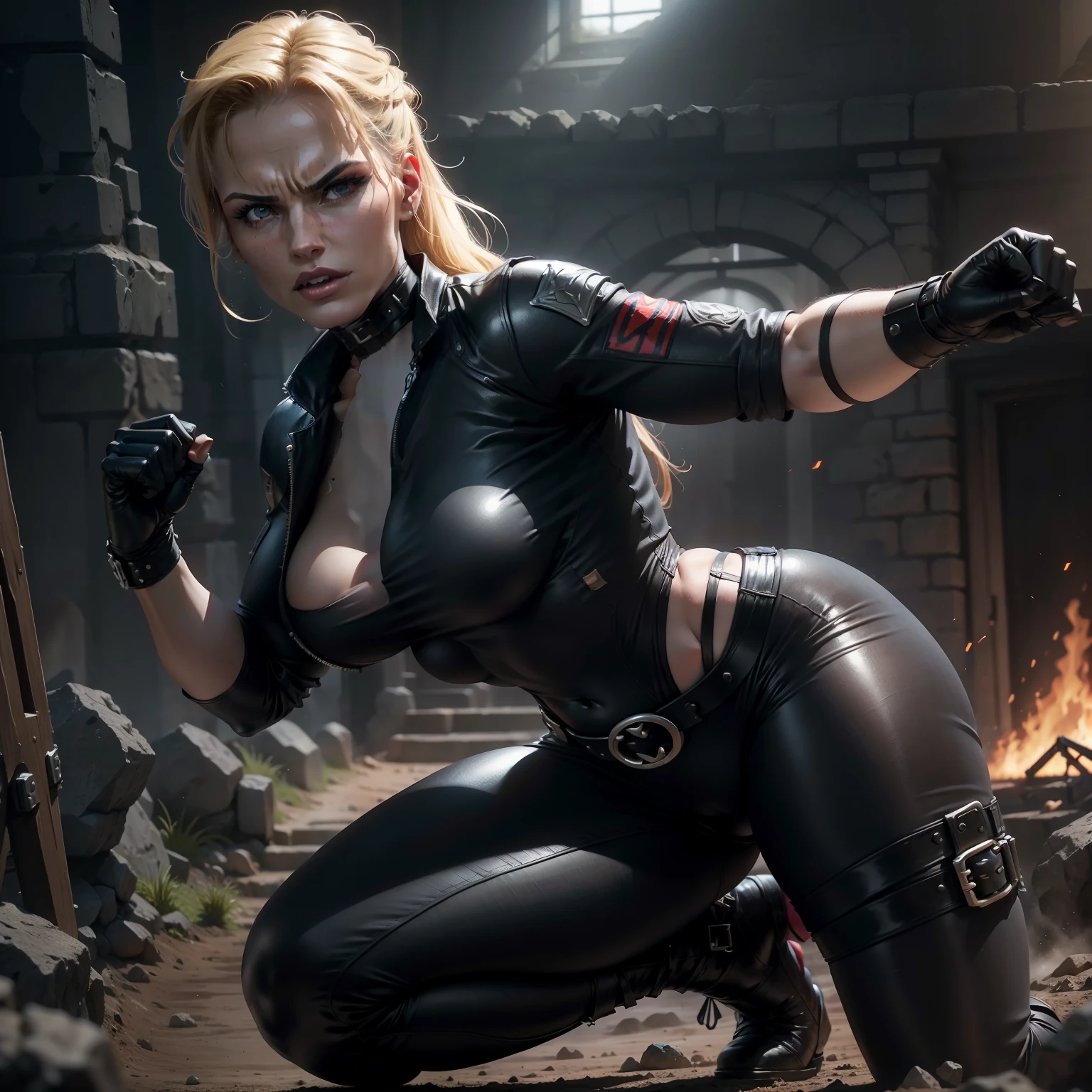 4k realistisch, Meisterwerk, Sonya Blade aus Mortal kombat, antike Arena mit Zuschauern, vollbusig, Enger roter catsuit, Kampf-Pose, rechtes Bein angehoben, arrogant look