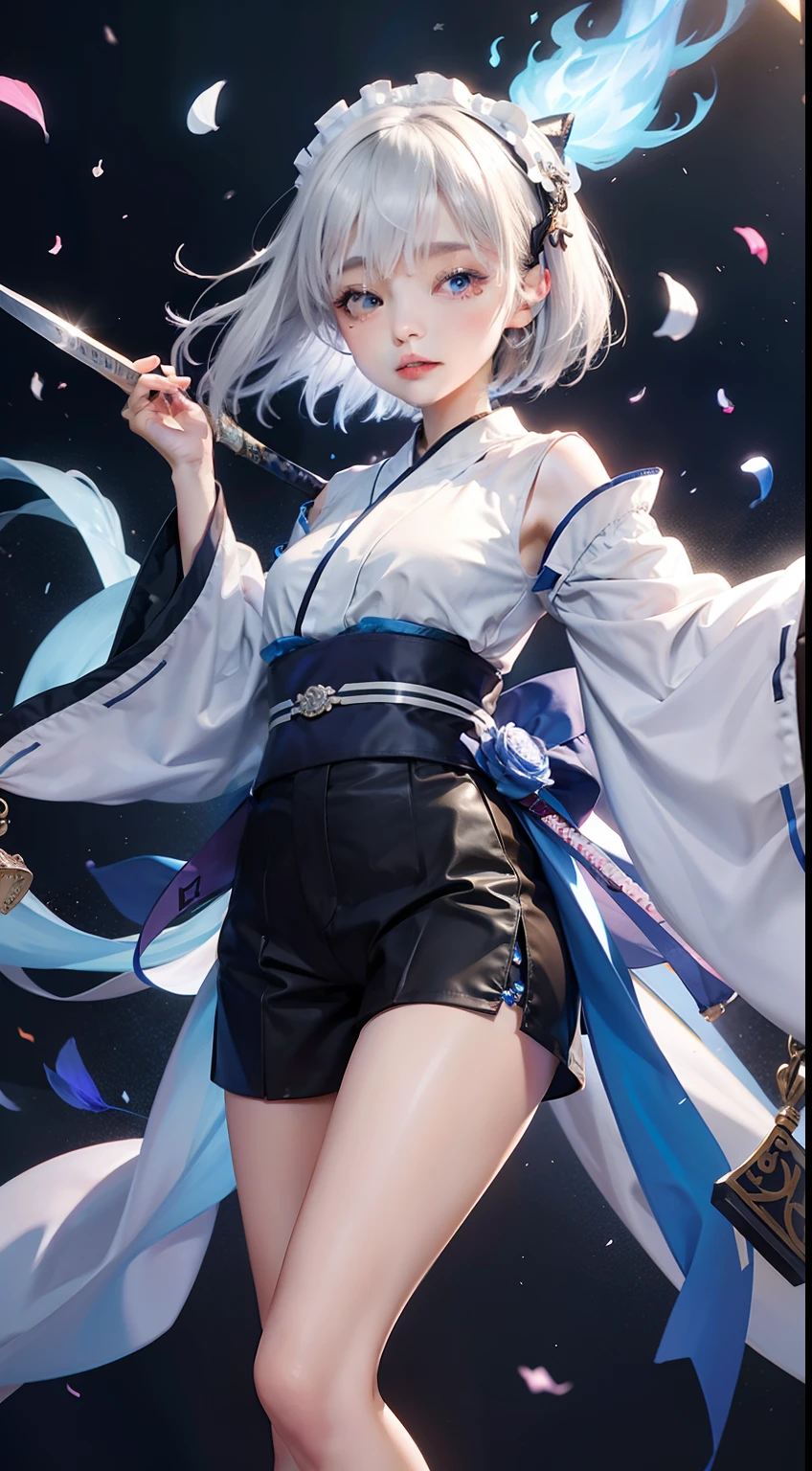 short-hair、gotik、Japanese ta、Hold the sword、Confetti、head phone、hotpants、Blue Flame、A picture that can be seen in its entirety