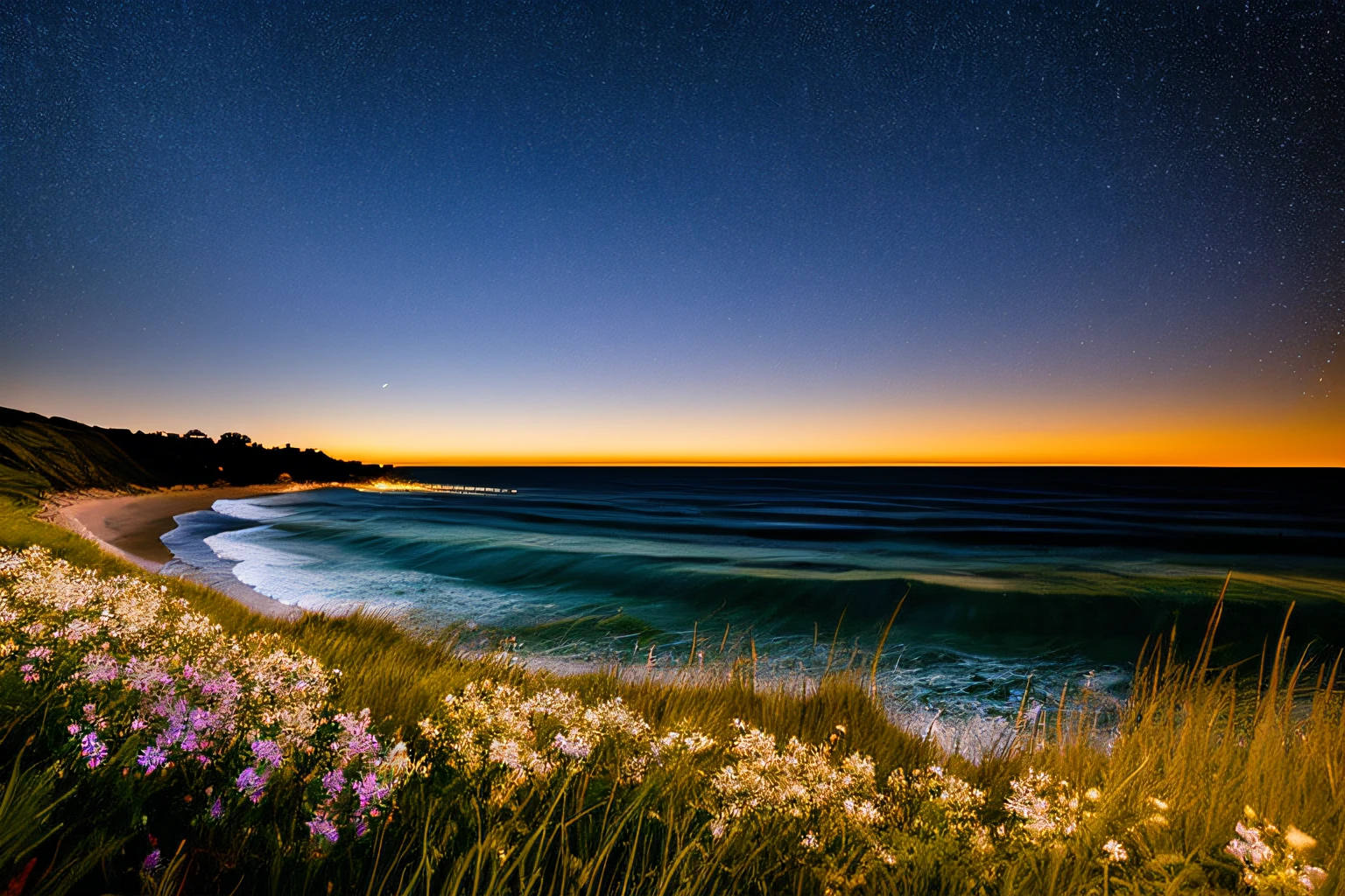 Ocean waves, The night with the stars, buisson, ciel la nuit, fleurs,