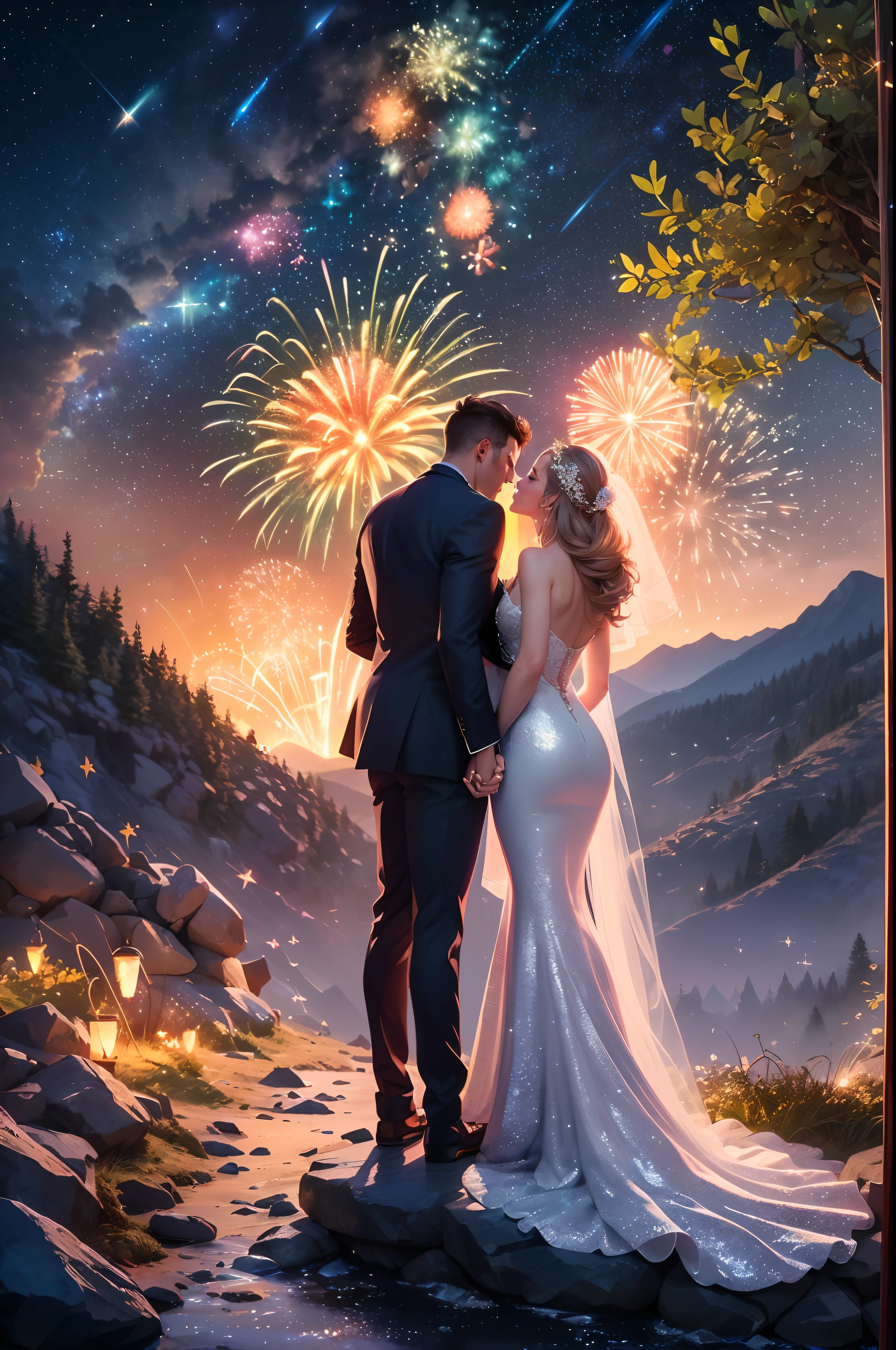 ((Best quality, A high resolution, Masterpiece:1.2)), (Romantic), (newlyweds:1), (Stargazing at the top of the mountain), (Spectacular sky fireworks display), (Colorful fireworks), (Giant fireworks), (Wedding dress), (suit), (glittering stars:1.5), Romantic couple photo, cinematic Film still from.