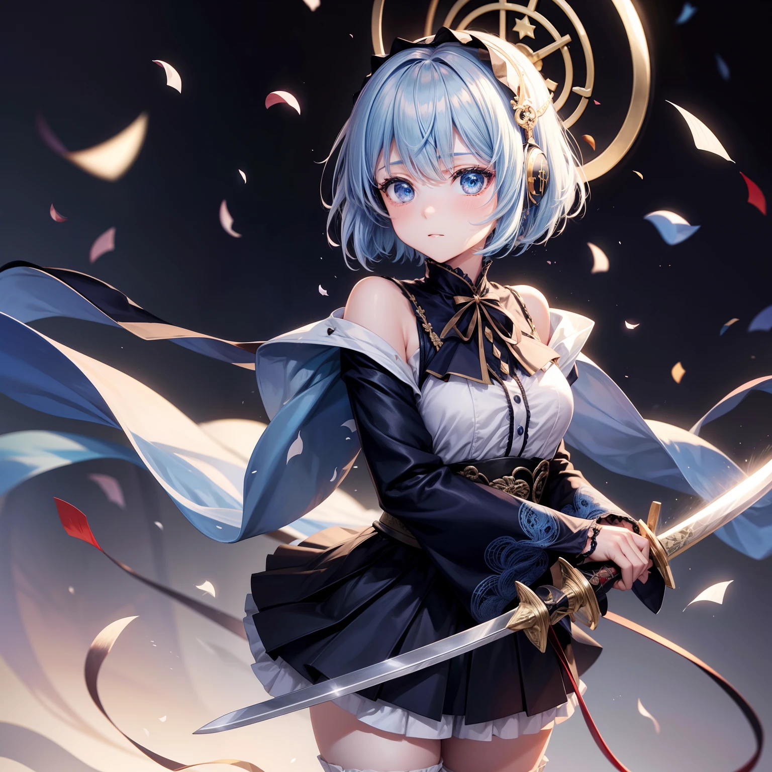 short-hair、gotik、Japanese Lolita、Hold the sword、Confetti、head phone、hotpants、Blue Flame、A picture that can be seen in its entirety