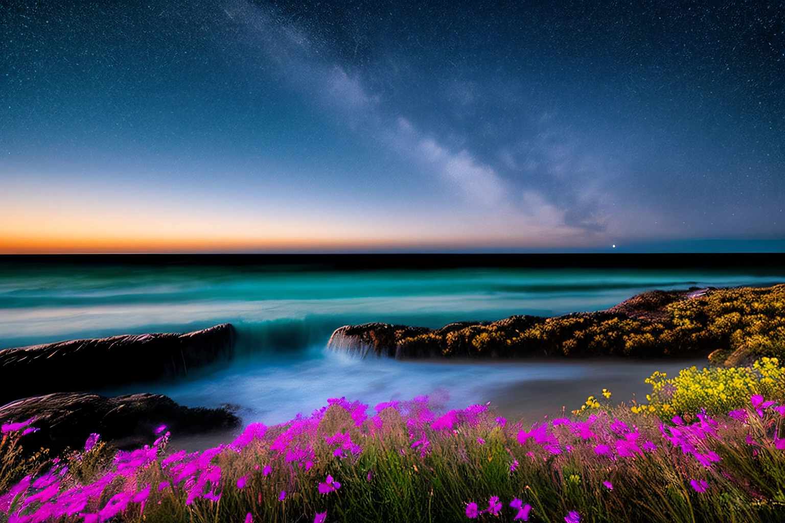 Ocean waves, The night with the stars, buisson, ciel la nuit, fleurs,