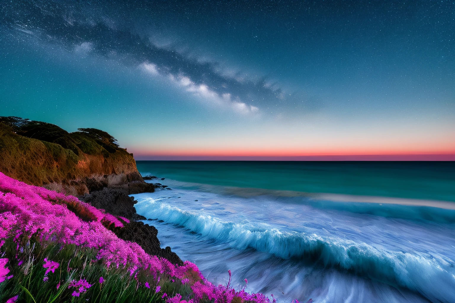 Ocean waves, The night with the stars,  buisson, ciel la nuit, fleurs,