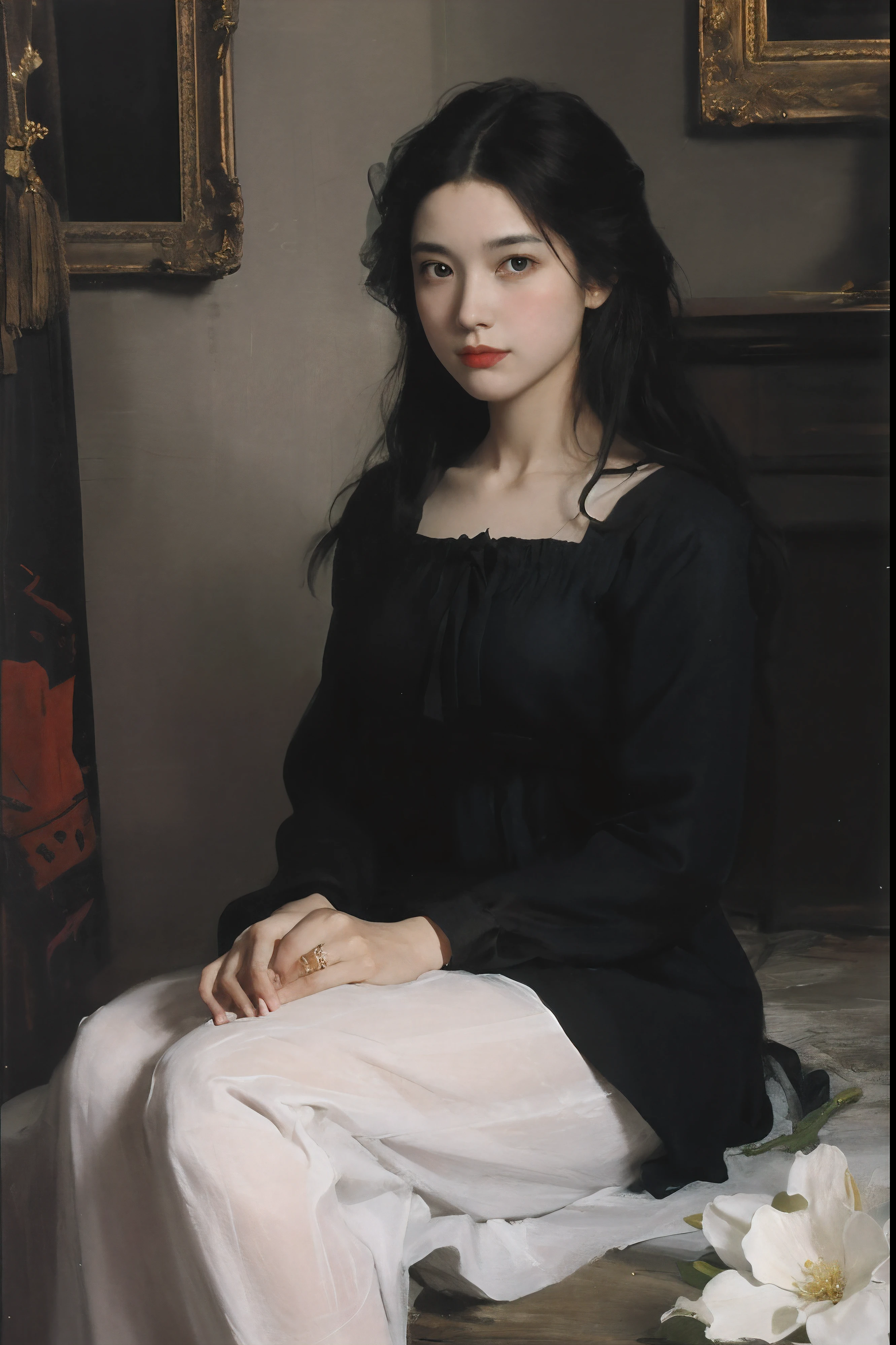 (Oil painting: 1.5),
\\
A woman with long black hair and white flowers in her hair sits in front of a European oil painting (Amy Saul: 0.248), (Stanley Atger Liu: 0.106), (a detailed painting: 0.353), (Gothic art: 0.106)