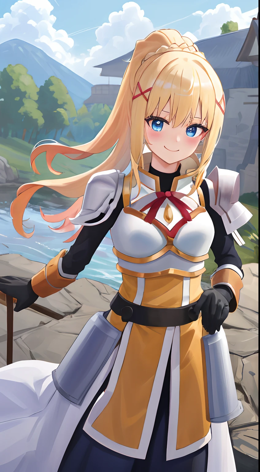 top-quality、Hi-Res、1girl in、length hair、blonde  hair、X Hair Ornament、s Armor、blue eyess、poneyTail、hair adornments、gloves、armor on the shoulders、Braids、Black Gloves、pauldron、white  boots、The Darkness\(Konosuba\)、cowboy  shot、borgar、plein air、(agitation:1.2)、red blush,A smile