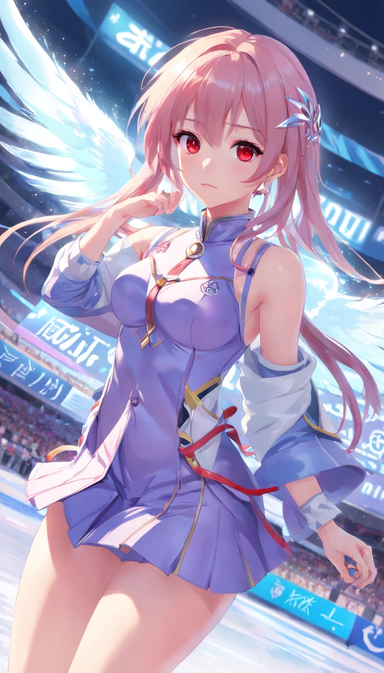 (masterpiece:1.5),(bestquality),highlydetailed,ultra-detailed,1girl,bishoujo,stare,red eyes,(beautiful detailed eyes:1.2),(long hair:0.8),(white hair:silver_hair:0.5),(Wing-like bangs:ahoge),Dull hair,(Medium chest: C cup:0.7),Hair rings,braid,cold,Anime figure skating on ice in large indoor arena, Ross Tran style, trending on artstation pixiv, Guweiz in Pixiv ArtStation, Guweiz on ArtStation Pixiv, author:ross tran, Digital art on Pixiv, In the style of Ross Tran, Ross Tran 8 K, Smooth anime CG art, ross tran. scenery background