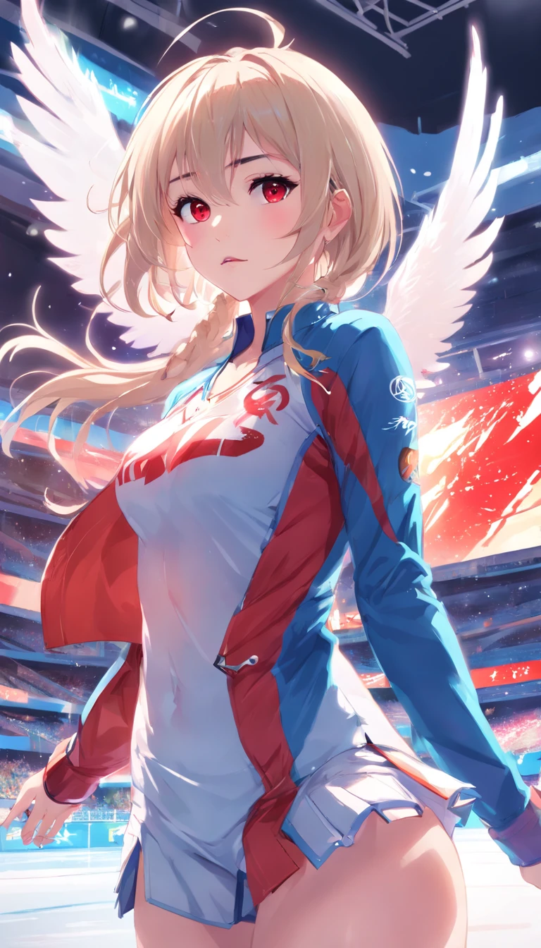 (masterpiece:1.5),(bestquality),highlydetailed,ultra-detailed,1girl,bishoujo,stare,red eyes,(beautiful detailed eyes:1.2),(long hair:0.8),(white hair:silver_hair:0.5),(Wing-like bangs:ahoge),Dull hair,(Medium chest: C cup:0.7),Hair rings,braid,cold,Anime figure skating on ice in large indoor arena, Ross Tran style, trending on artstation pixiv, Guweiz in Pixiv ArtStation, Guweiz on ArtStation Pixiv, author：ross tran, Digital art on Pixiv, In the style of Ross Tran, Ross Tran 8 K, Smooth anime CG art, ross tran. scenery background