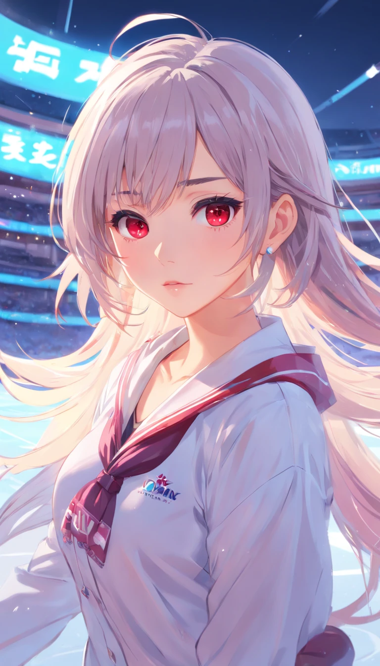 (masterpiece:1.5),(bestquality),highlydetailed,ultra-detailed,1girl,bishoujo,stare,red eyes,(beautiful detailed eyes:1.2),(long hair:0.8),(white hair:silver_hair:0.5),(Wing-like bangs:ahoge),Dull hair,(Medium chest: C cup:0.7),Hair rings,braid,cold,Anime figure skating on ice in large indoor arena, Ross Tran style, trending on artstation pixiv, Guweiz in Pixiv ArtStation, Guweiz on ArtStation Pixiv, author:ross tran, Digital art on Pixiv, In the style of Ross Tran, Ross Tran 8 K, Smooth anime CG art, ross tran. scenery background