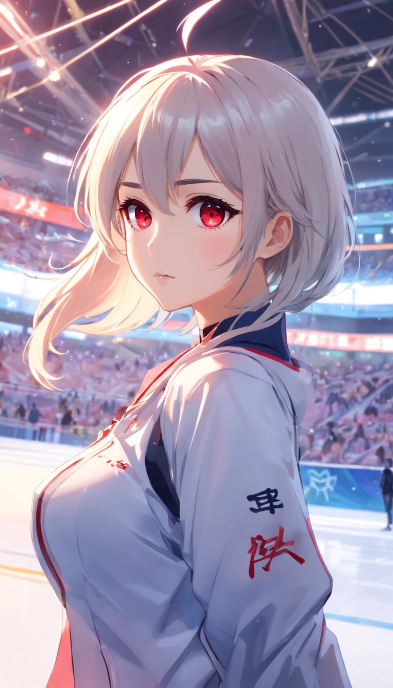 (masterpiece:1.5),(bestquality),highlydetailed,ultra-detailed,1girl,bishoujo,stare,red eyes,(beautiful detailed eyes:1.2),(long hair:0.8),(white hair:silver_hair:0.5),(Wing-like bangs:ahoge),Dull hair,(Medium chest: C cup:0.7),Hair rings,braid,cold,Anime figure skating on ice in large indoor arena, Ross Tran style, trending on artstation pixiv, Guweiz in Pixiv ArtStation, Guweiz on ArtStation Pixiv, author:ross tran, Digital art on Pixiv, In the style of Ross Tran, Ross Tran 8 K, Smooth anime CG art, ross tran. scenery background