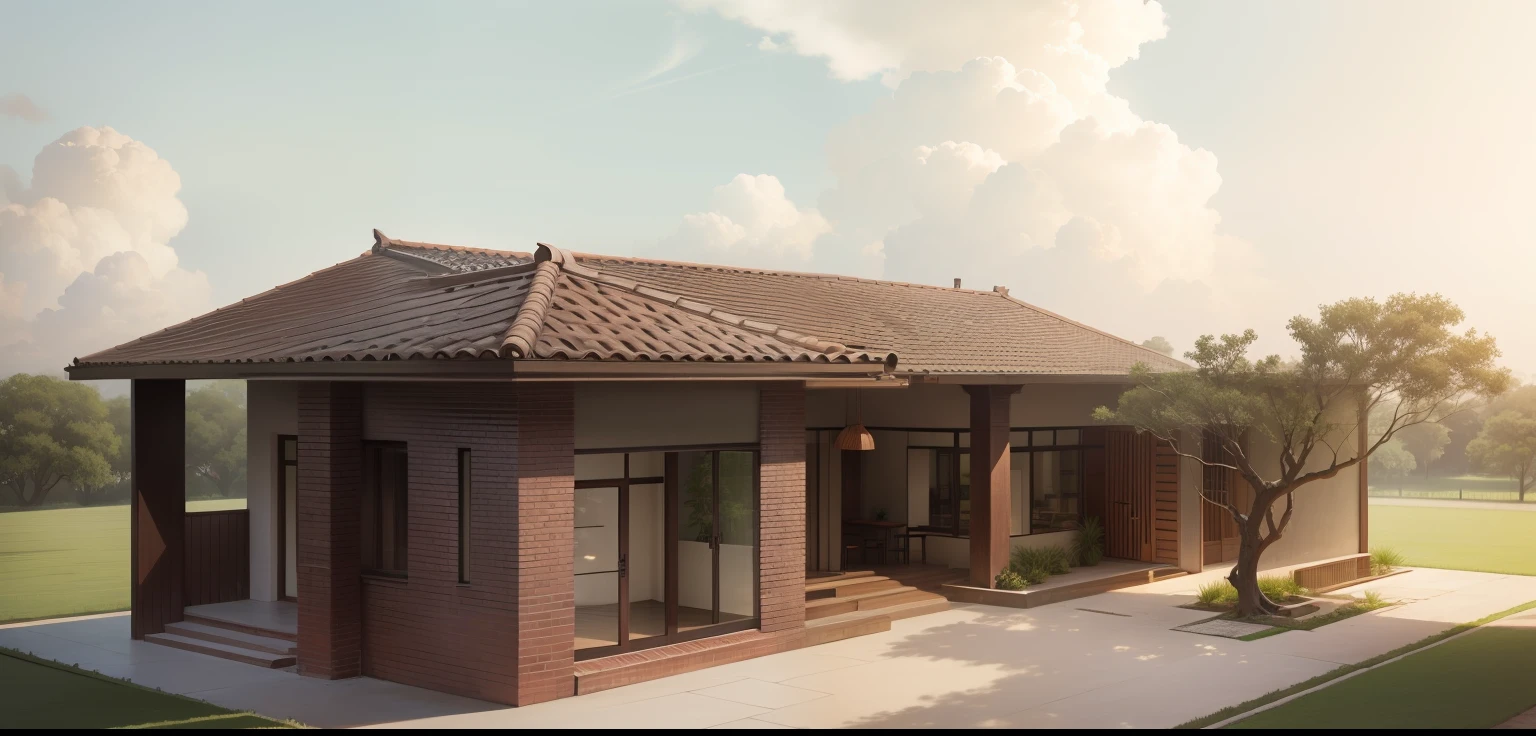 A house brick and tree in front, Hot summer,summer,Southern rural courtyard,Cool,Aoi fan