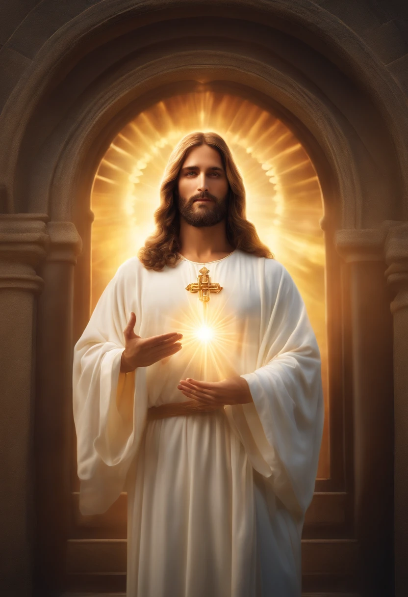 Jesus,divine light,serene expression,white robe,flowing hair,holy aura,open arms,resurrection,heavenly background,stained glass windows,majestic presence,(best quality,4k,8k,highres,masterpiece:1.2),ultra-detailed,(realistic,photorealistic,photo-realistic:1.37),ethereal,pure,spiritual,radiant,holy atmosphere,golden halo,purity,cross,peace,love,redemption,salvation,transcendence,darkness banished,calmness,eternal life,sacred heart,faith,devotion,healing,gentle,caring,compassionate,divinity