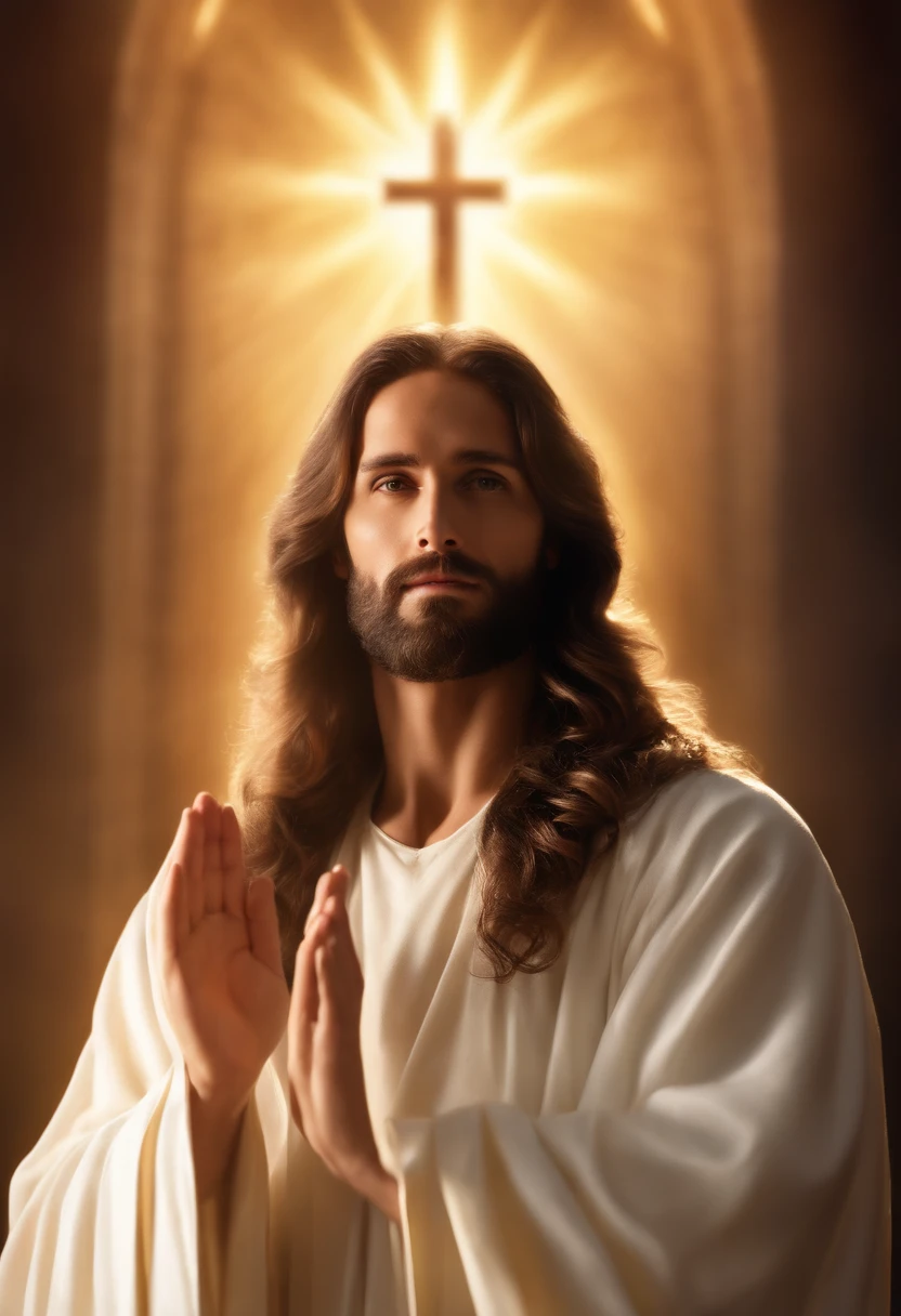 Jesus,divine light,serene expression,white robe,flowing hair,holy aura,open arms,resurrection,heavenly background,stained glass windows,majestic presence,(best quality,4k,8k,highres,masterpiece:1.2),ultra-detailed,(realistic,photorealistic,photo-realistic:1.37),ethereal,pure,spiritual,radiant,holy atmosphere,golden halo,purity,cross,peace,love,redemption,salvation,transcendence,darkness banished,calmness,eternal life,sacred heart,faith,devotion,healing,gentle,caring,compassionate,divinity