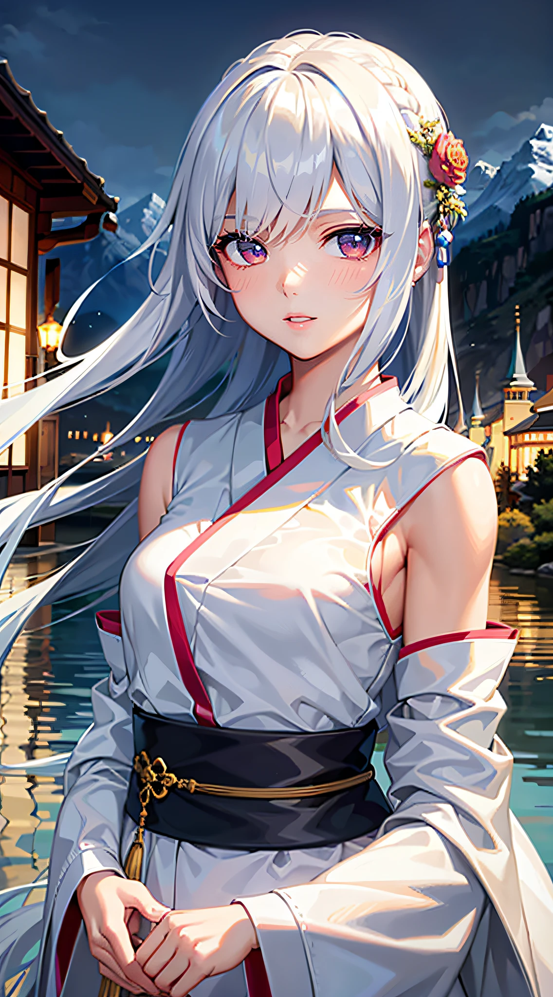 Best Quality, Masterpiece, hight resolution,, 1girl, Detailed Face, (upper-body:1.6), Cyber Cities, Mountains and rivers, night time, Firefly Lights, Realistic, Rich in detail, (White Hanfu:1.2), (handsome body:1.4),