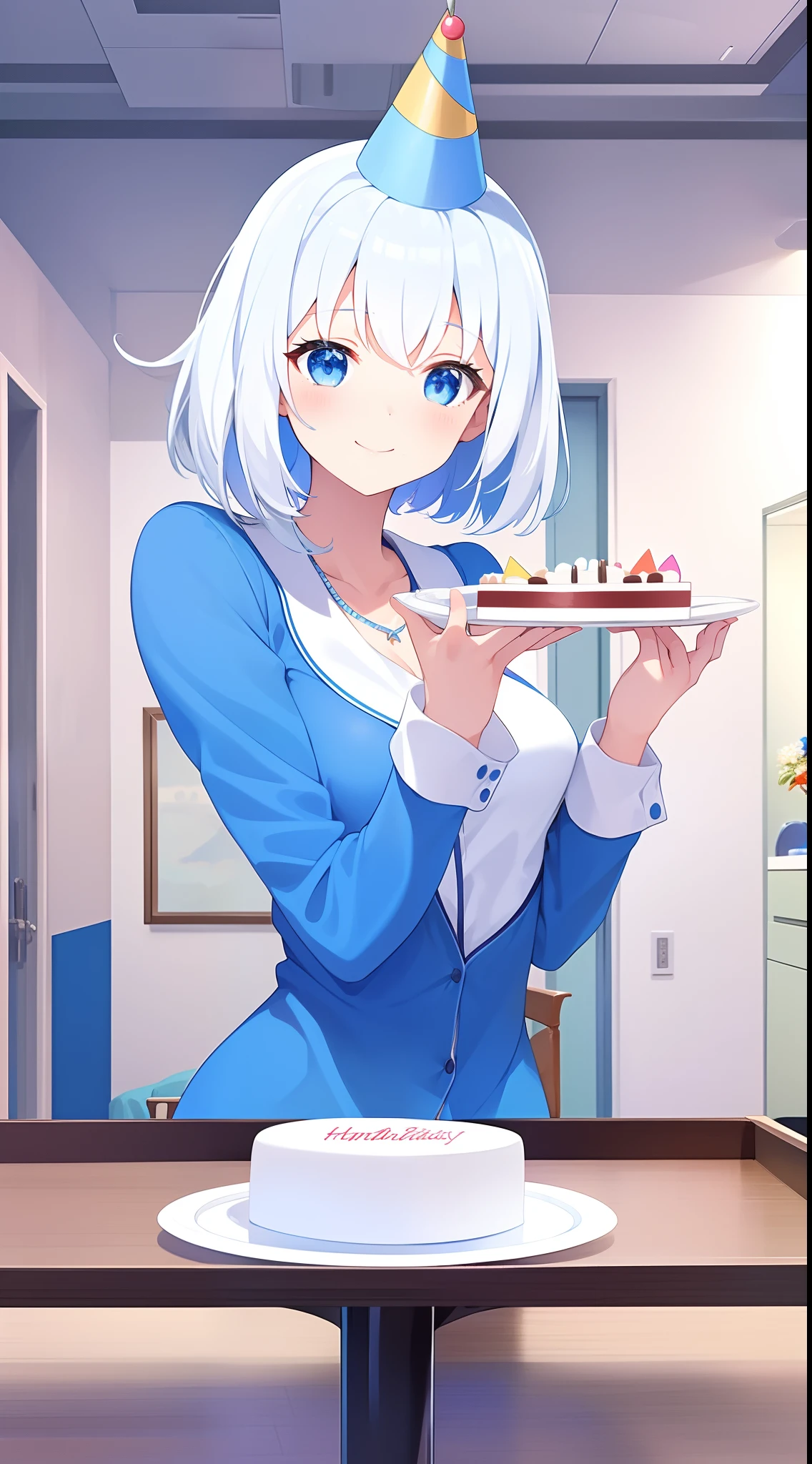 Best work, high quality, super clear, super detailed, 1 girl, anime girl, birthday party, short white hair, wearing a blue necklace, blue eyes, wearing a blue hoodie, birthday hats, latinas, sexy poses, cake, birthday background, far away, birthday cake, photo next each other, table with cake, birthday theme, feeding cake, smiles