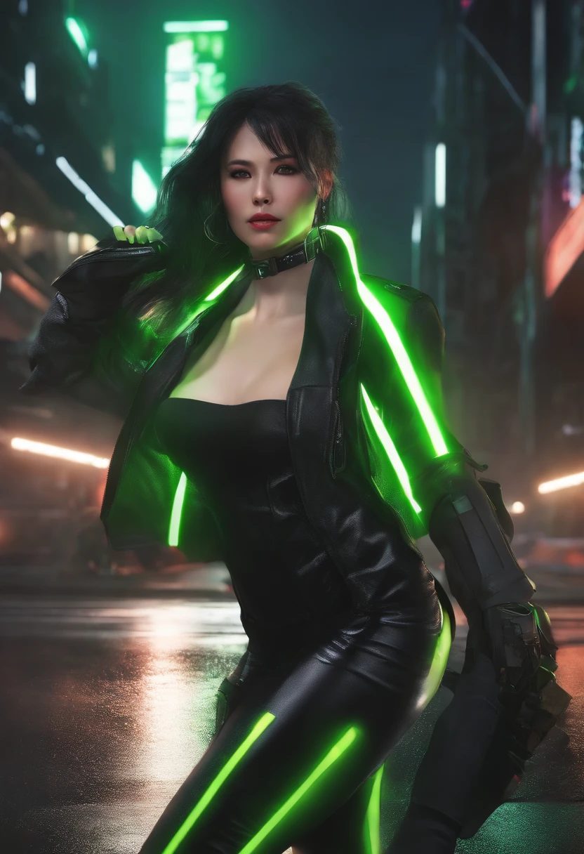 (masutepiece, Best Quality, 8K, Sharp Focus, depth of fields, Best Shadows, perfect lights, nffsw, Realistic skin texture, hyper detailed background), Anime style, Long angle shots, ((cyberpunk theme)), Solo, 1 woman, She is a mercenary, (Green eyes, White skin, Black hair and ponytail, Choker, Small breasts, slim, makeup, eye line, Gloss), She works in a future Korean city, Have a techcatana with a strong grip, Night, skyporn, Waning Moon, Wearing a nice tech jacket and leather pants.