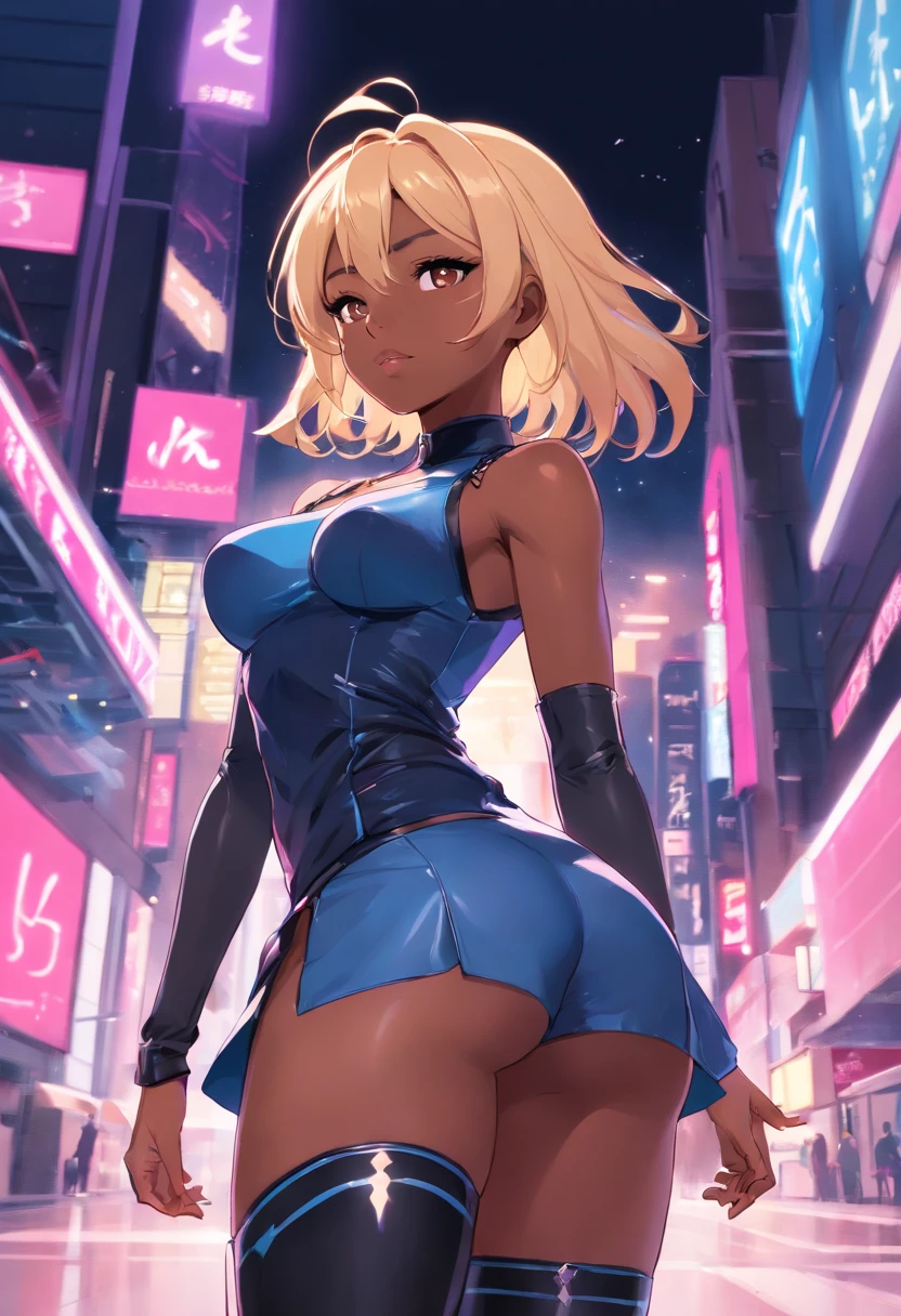 Black woman with blonde hair, There are pink highlights, Wear tight sexy clothes, cleavage, Wear thigh boots, Flowing hair Highlighted hair, Wearing makeup, I'm a pop star