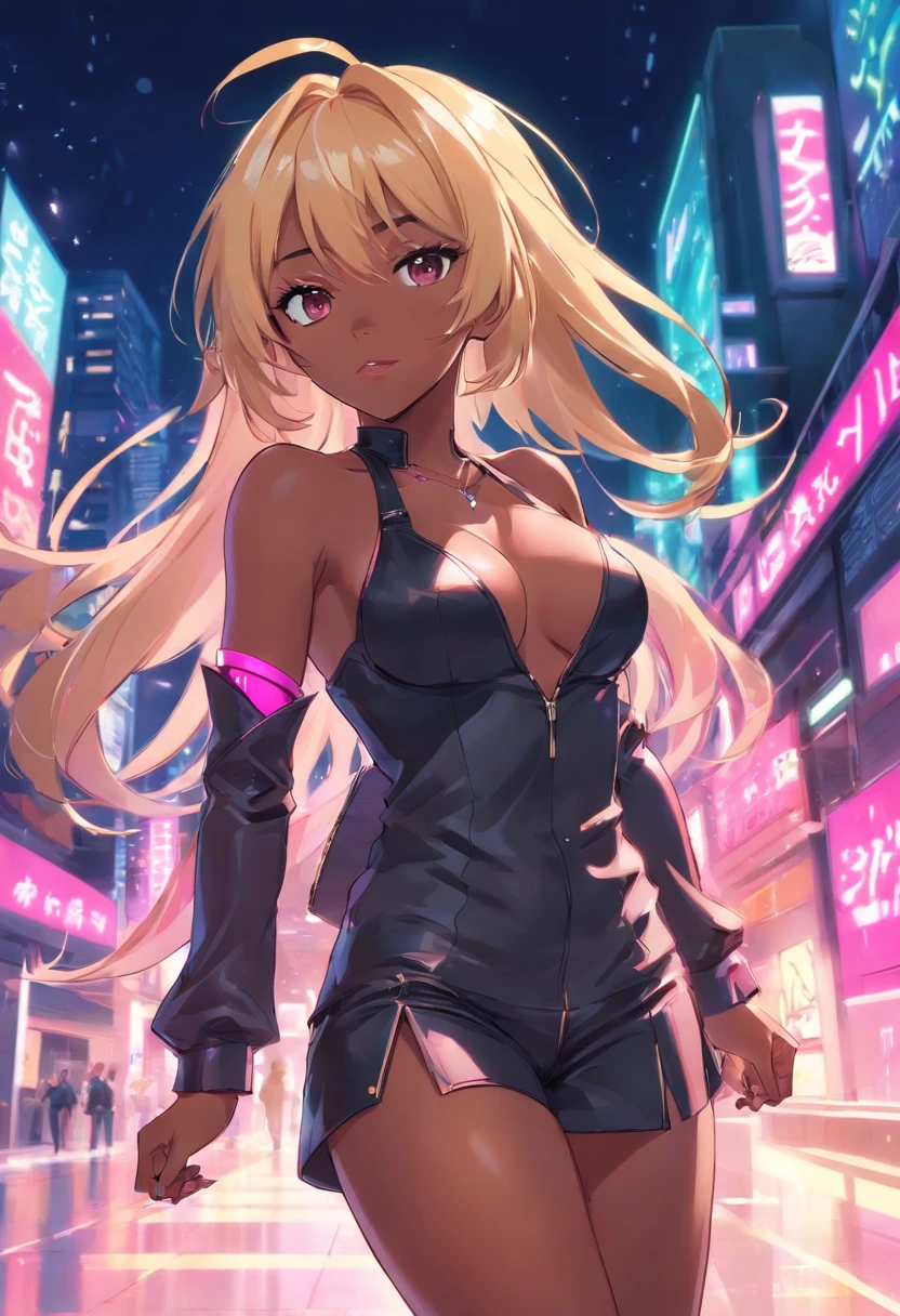 Black woman with blonde hair, There are pink highlights, Wear tight sexy clothes, cleavage, Wear thigh boots, Flowing hair Highlighted hair, Wearing makeup, I'm a pop star