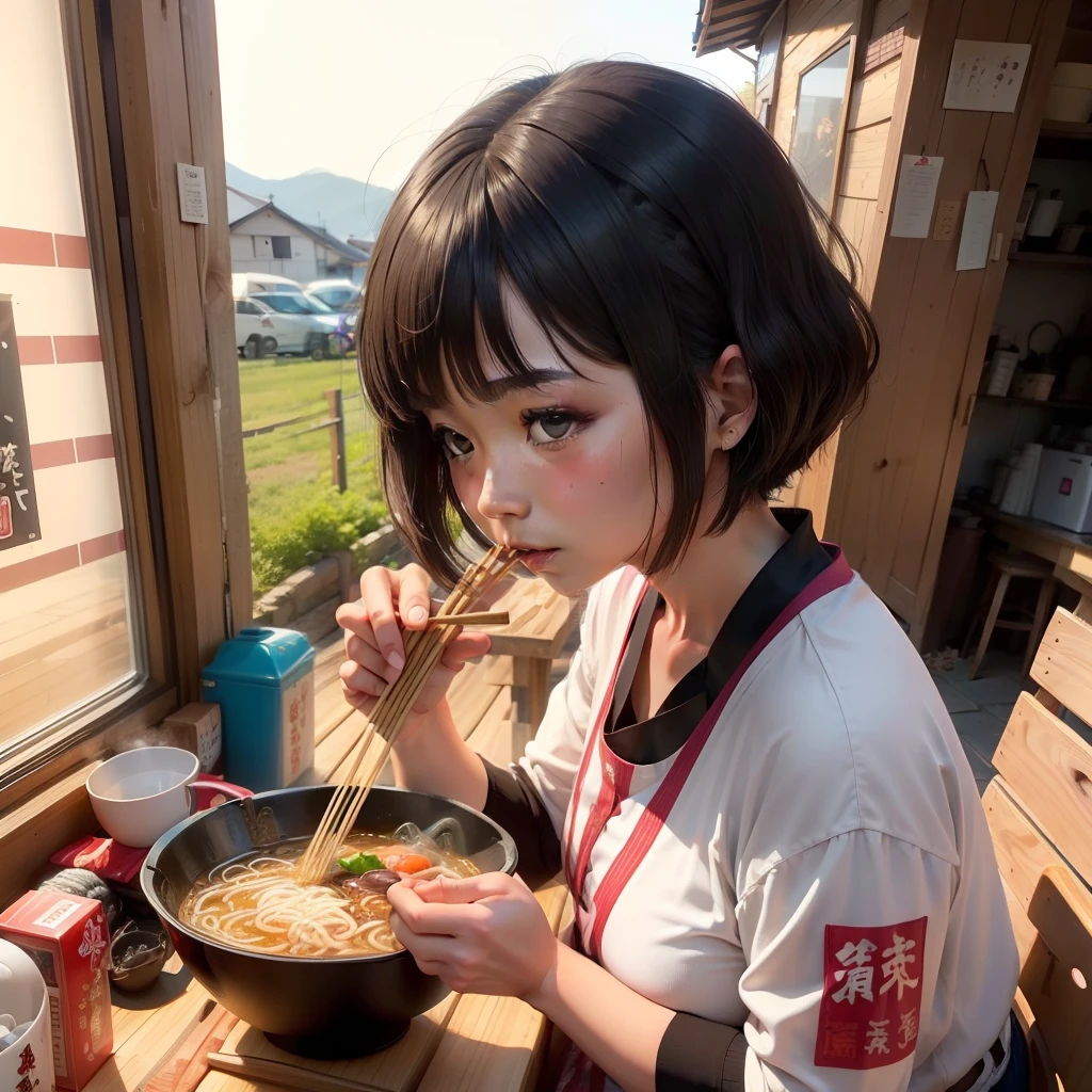 Women often eat ramen(chopstick、Pork bone ramen)masterpiece、Anime style、bob cuts(hairstyle on).There are many ingredients around、food stand、Retro feel、adult lady、countryside
