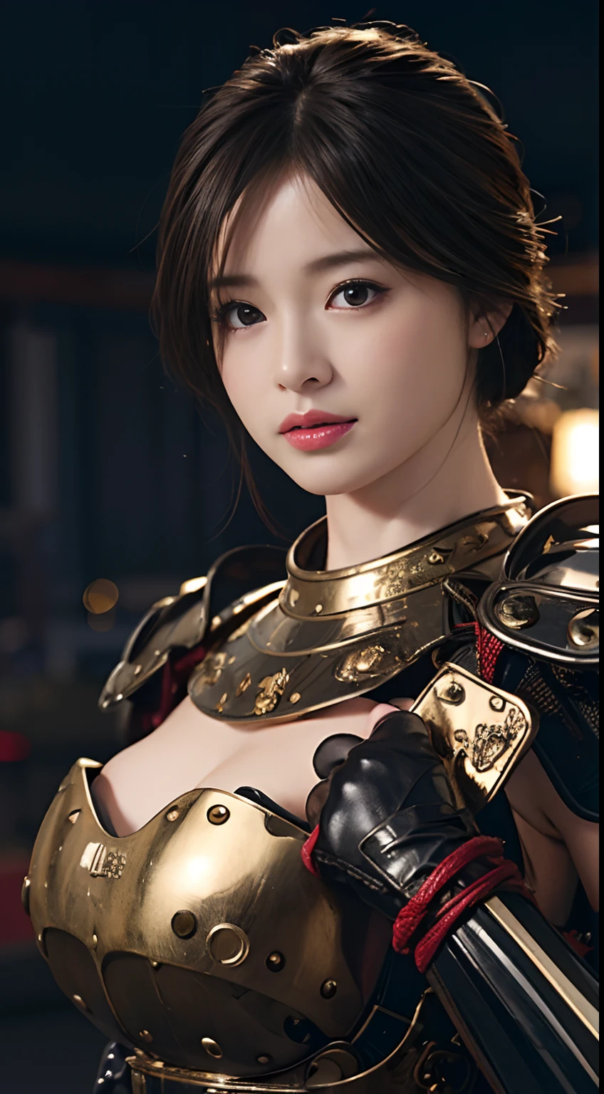 top-quality、masterpiece、超A high resolution、(Photorealsitic:1.4)、Raw photo、女の子1人、Black hair、glowy skin、1 Mechanical Girl、((super realistic details))、portlate、globalillumination、Shadow、octan render、8K、ultrasharp、Colossal tits、Raw skin is exposed in cleavage、metals、Details of complex ornaments、Japan details、highly intricate detail、Realistic light、CGSoation Trends、a purple eye、radiant eyes、Facing the camera、neon details、Mechanical limbs、blood vessels connected to tubes、Mechanical vertebrae attached to the back、mechanical cervical attaching to neck、sitting on、Wires and cables connecting to the head、Gundam、Small LED lamp、Japanese Katana Sword、nffsw、Armor Musha、Black leather gloves