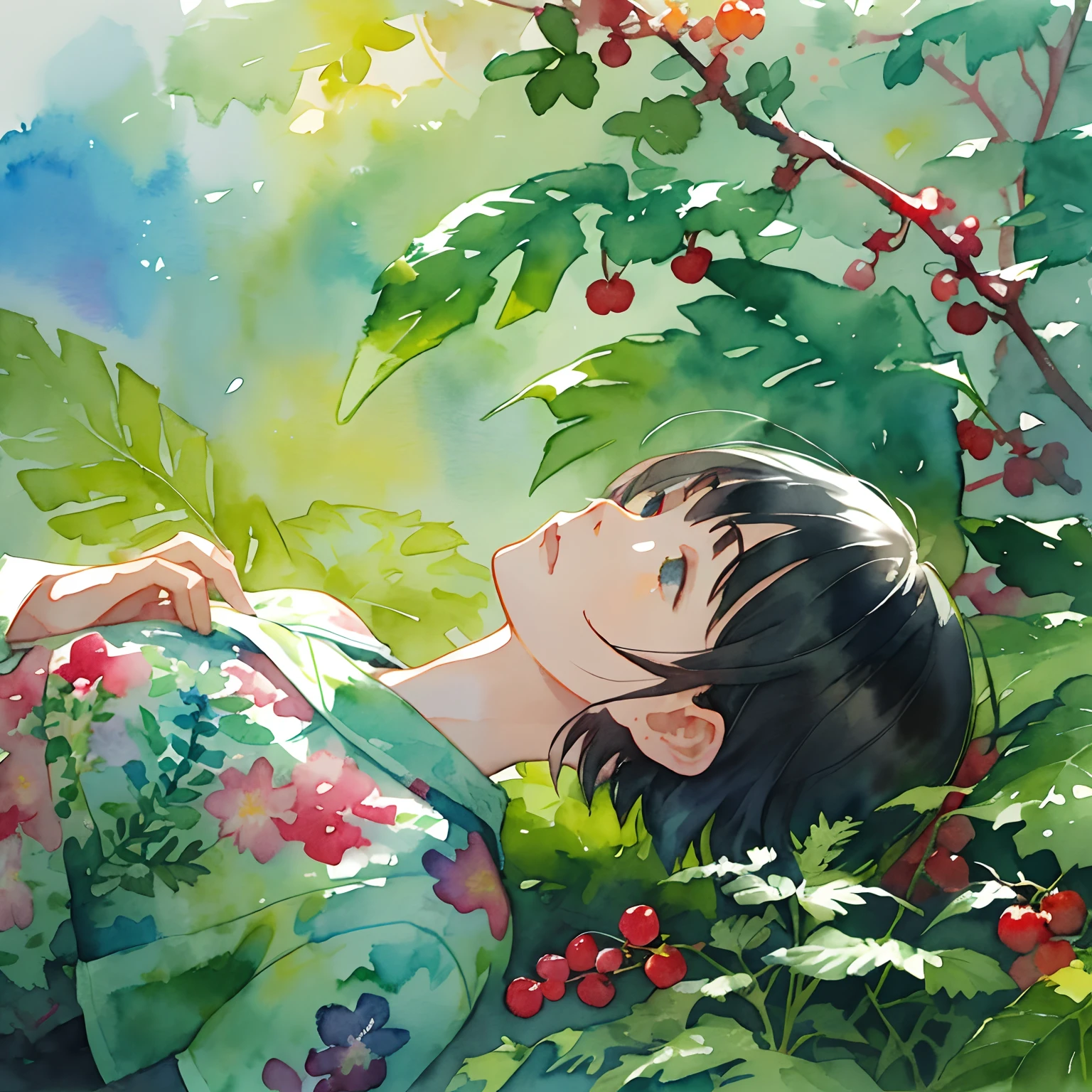 ((super detailed), #3b4195背景, beautiful flowers, berries, ferns, leaves, watercolor pattern of calming colors), (watercolor texture), ((1 girl), short hair, cute,