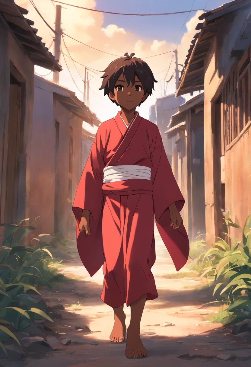 (biblical masterpiece)  fofo, cartoon, Black children, hebreus, brincando com um homem africano feio jesus, negro, On the streets of mud houses in africa wearing red cloth with white lines, 8k,boondocks style