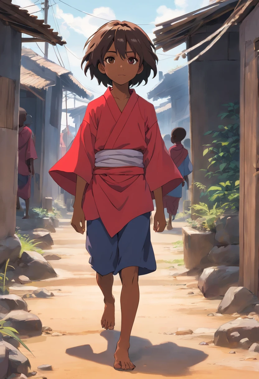 (biblical masterpiece)  fofo, cartoon, Black children, hebreus, brincando com um homem africano feio jesus, negro, On the streets of mud houses in africa wearing red cloth with white lines, 8k,boondocks style