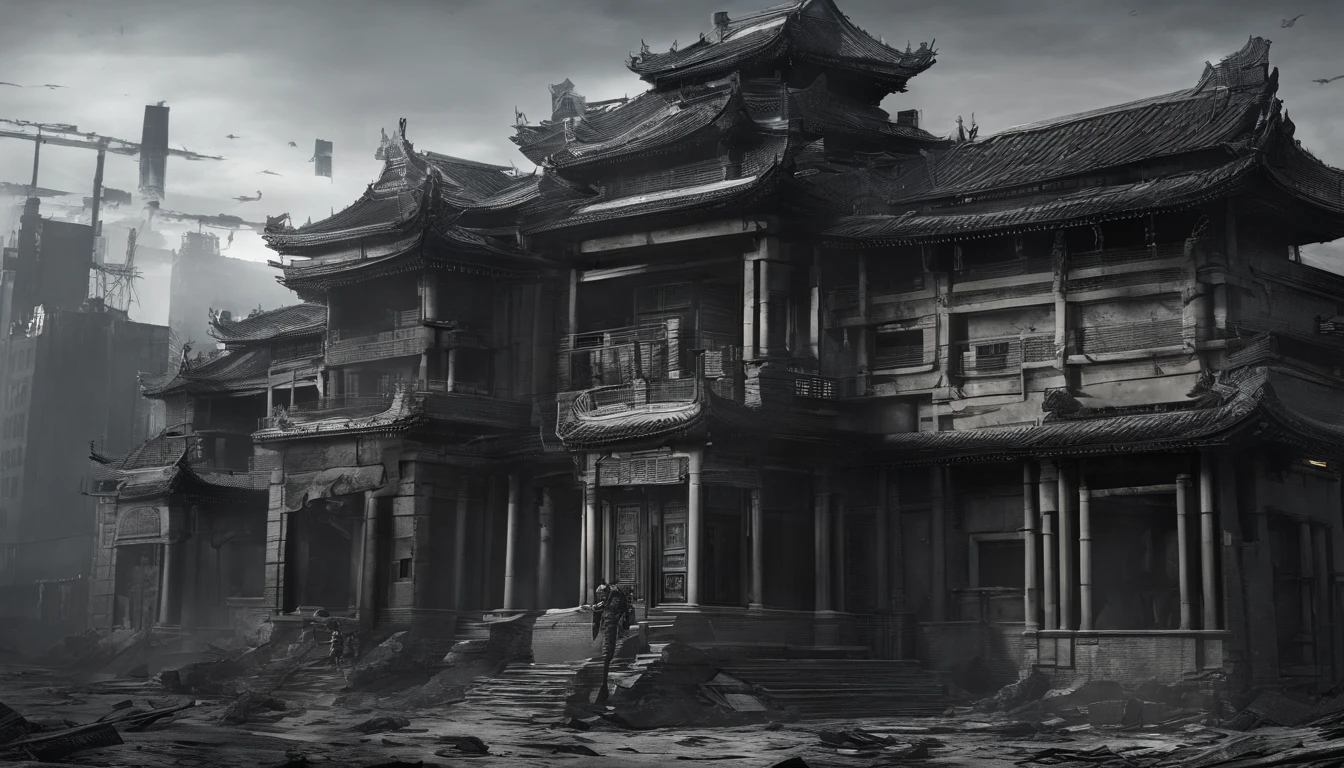 Chinese elements，(Paper Man:1.2)，Inside the broken house，darkly，An atmosphere of terror，super detailing，Masterpiece, Best quality，Superb quality,, high resolution